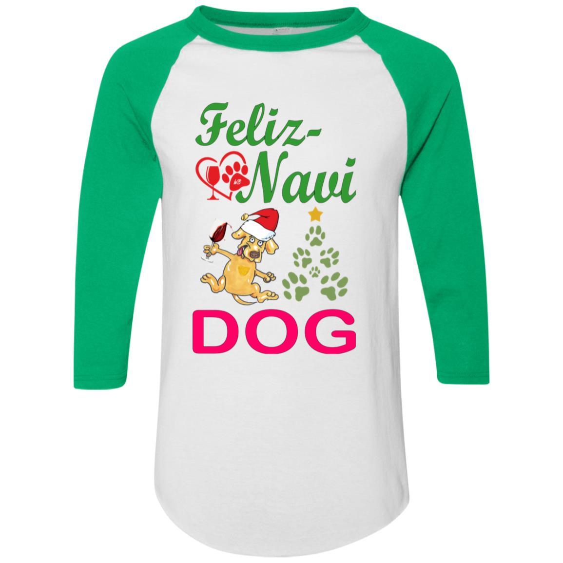 Feliz Navidad Dog Sweater - Colorblock Raglan Jersey in Green & Red | Christmas Pet Apparel for Small & Medium Dogs | Perfect for Holiday Photos & Festive Outfits