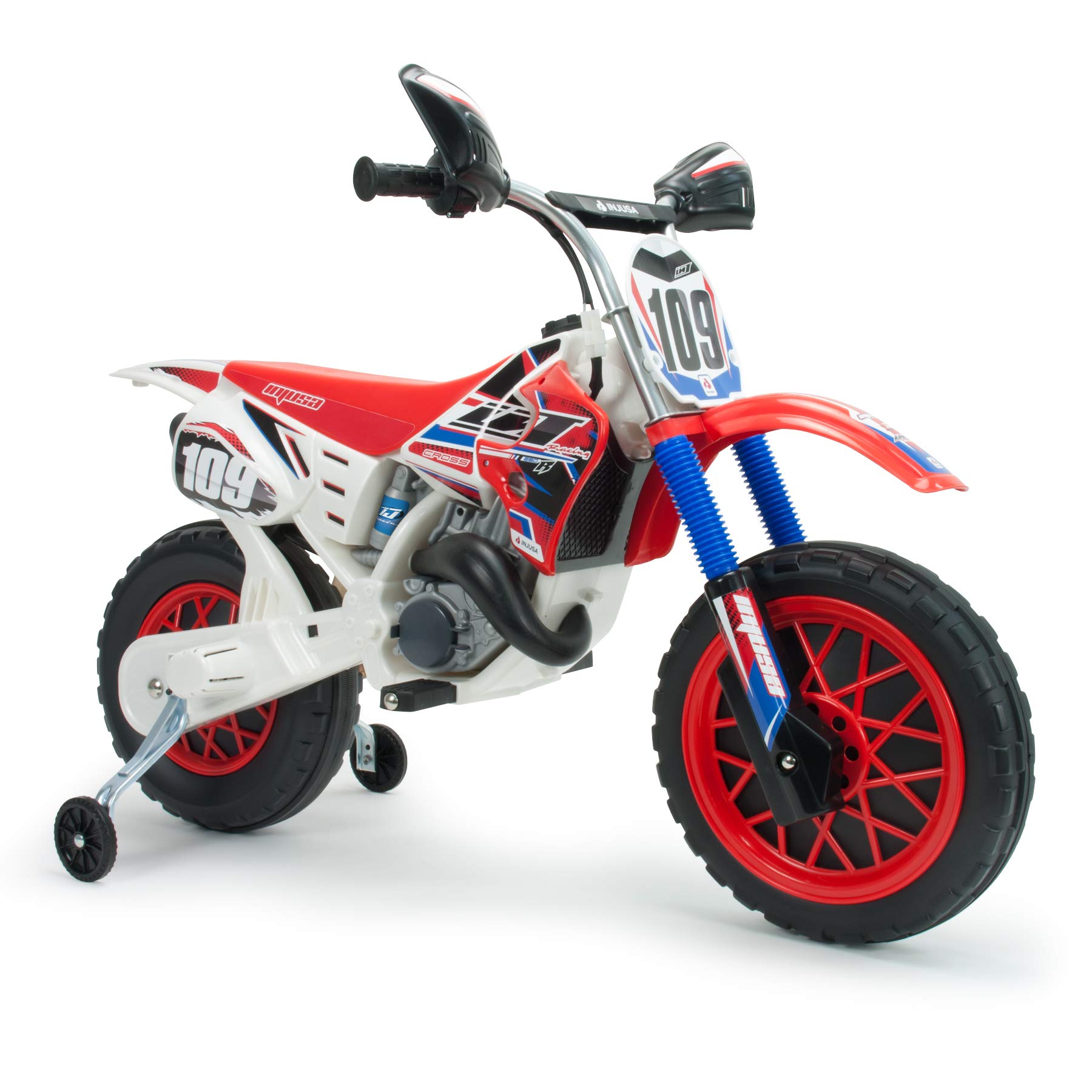 INJUSA Kids Electric Dirt Bike for Boys & Girls Ages 3-6 Years | 6V Battery | Rubber-Tread Plastic Wheels | Training Wheels | Twist-Grip Throttle | Electric Brake | 5 Km/h Max Speed | White (677/011) - Perfect for Backyard Riding, Birthday Gifts & Outdoor Adventures