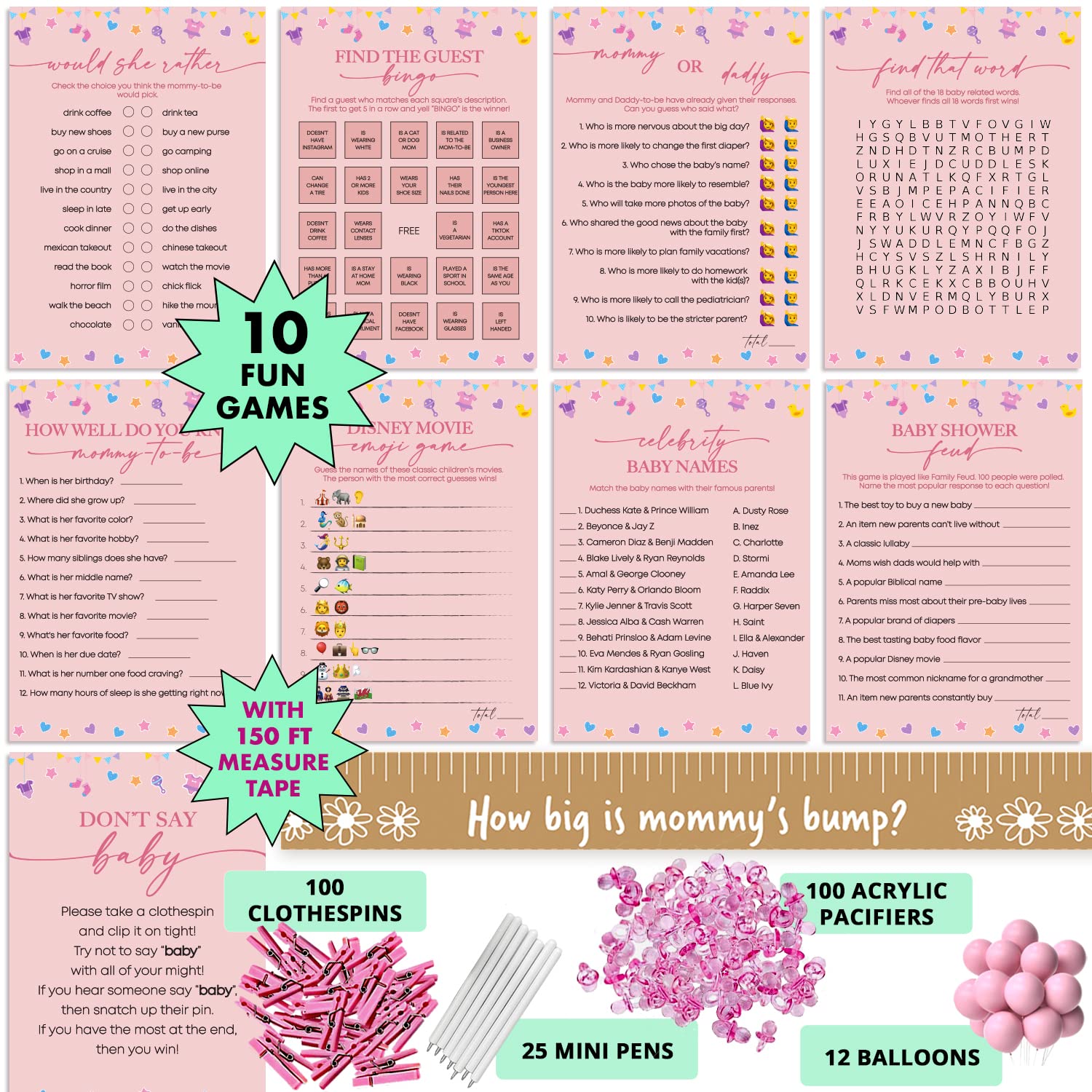 Baby Shower Games for Girls - Don't Say Baby, Tummy Tape, Bingo Cards & Decorations Set - 10 Fun Games with 25 Pens, 100 Acrylic Pacifiers, Clothespins & Balloons - Perfect for Baby Shower Party Activities & Gender Reveal Celebrations