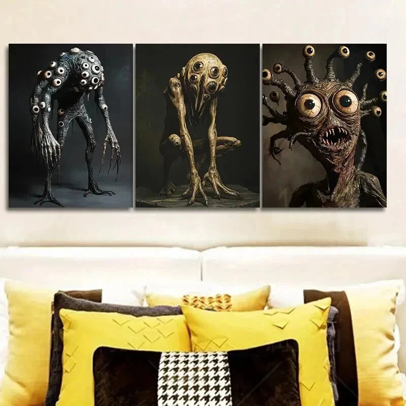3-Piece Scary Eye Monster Wall Art Set - Framed Canvas 50x70cm - High Quality Print - 100% Australian Made - Ready to Hang - Perfect for Halloween Decor, Horror Theme Rooms & Gothic Home Decor
