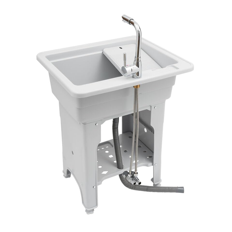 Heavy Duty Freestanding Plastic Laundry Sink with Faucet - Deep Utility Sink Kit with Hose & Drain - Perfect for Laundry Rooms, Basements, Garages & Outdoor Use (60 Models) - Ideal for Washing Pets, Cleaning Tools & Garden Equipment