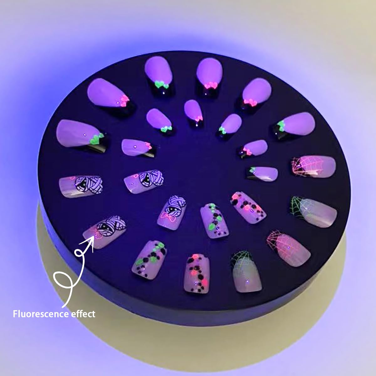 24 Pcs Halloween Press on Nails - Medium Square Fake Nails with Glow in Dark & Glitter Designs (Spider Web, Mummy) - Pink Glossy Full Cover Artificial Nails for Women - Perfect for Halloween Parties, Cosplay & Nail Art Enthusiasts