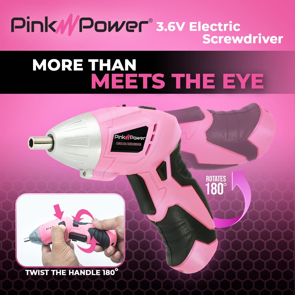 3.6V Pink Rechargeable Cordless Screwdriver Set - Electric Screw Gun Kit with LED Light - Portable Mini Drill for Women - DIY Home Repair, Furniture Assembly & Craft Projects