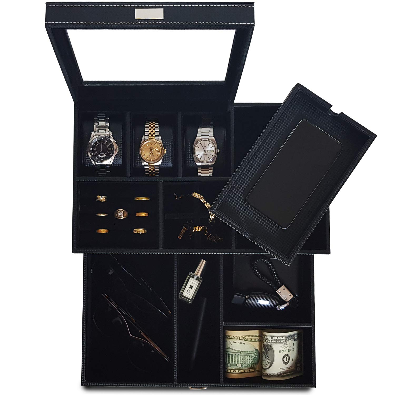 Men's Dresser Valet Organizer - PU Leather Jewelry Box with Charging Station for Watches & Accessories - Carbon Fiber Nightstand Tray for Bedroom