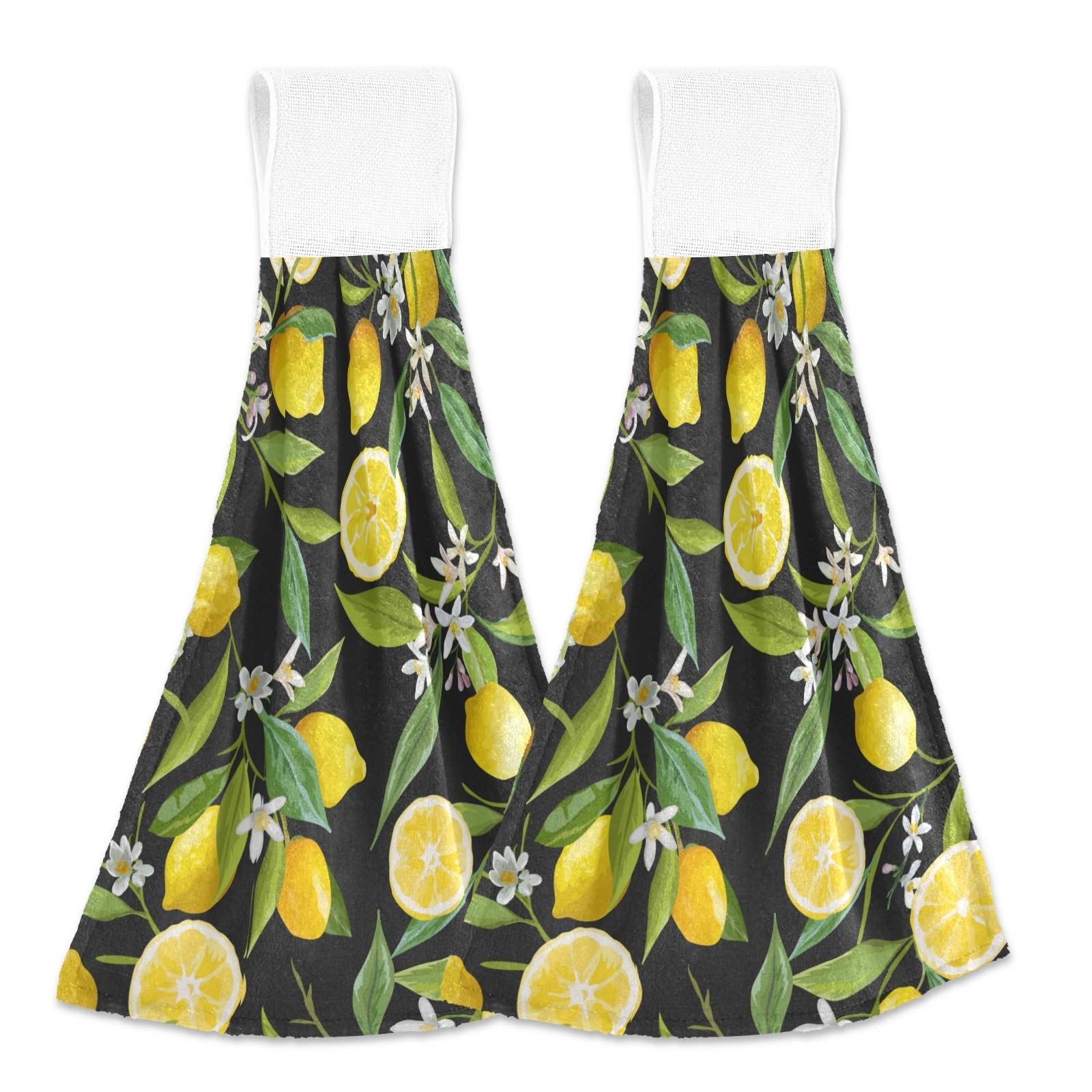 Lemon Flower Print Kitchen Hand Towels - 2 Pack Absorbent Cotton Hanging Towels with Loops for Bathroom, Kitchen & Home Decor | Fruit & Floral Leaves Design