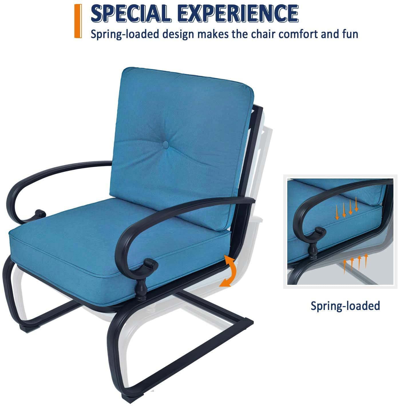 SOLAURA 5-Piece Outdoor Patio Furniture Set - Wrought Iron Loveseat & Spring Chairs - Peacock Blue - Perfect for Garden, Backyard, Poolside & Outdoor Relaxation