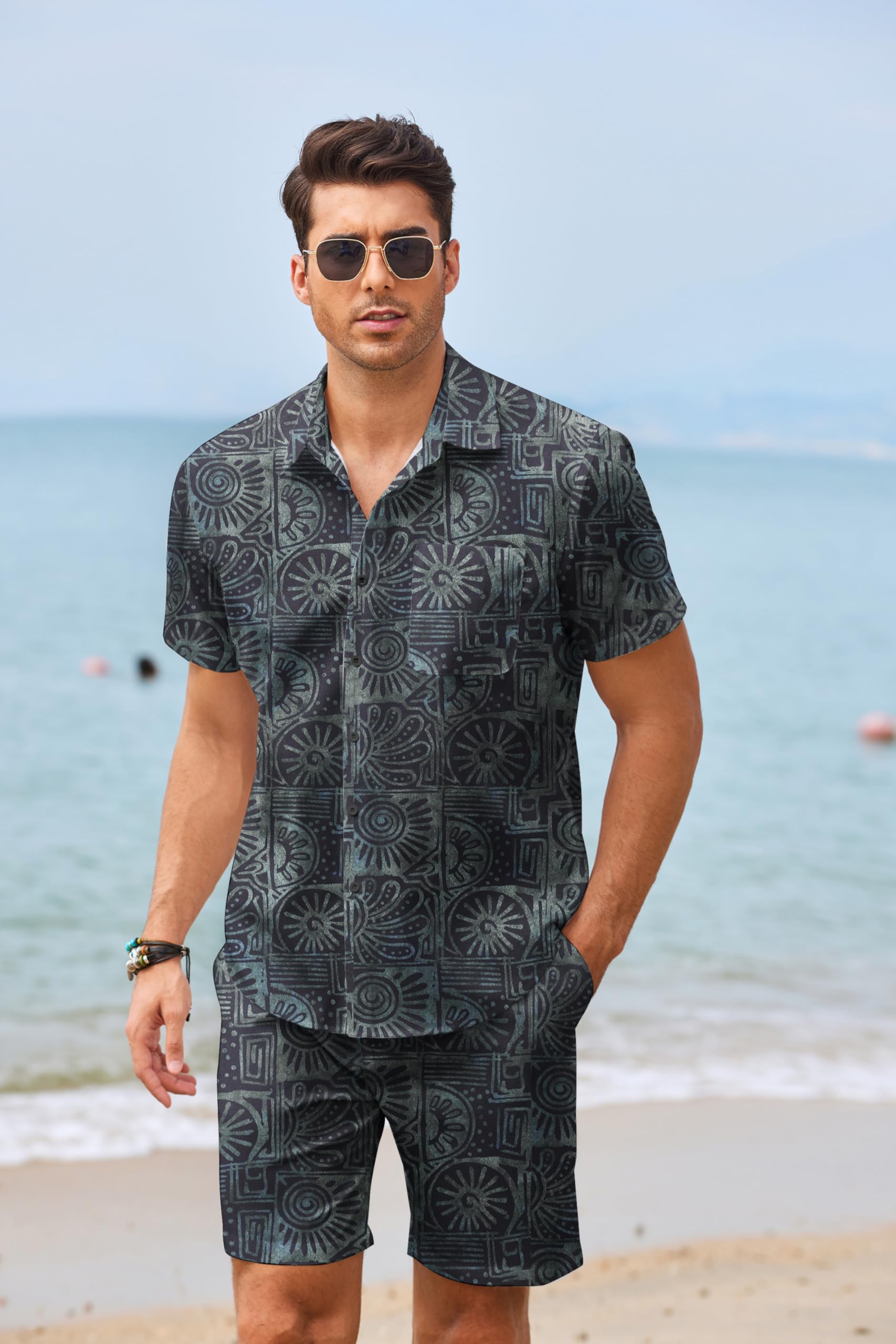 COOFANDY Men's Hawaiian Floral Print 2-Piece Outfit - Matching Short Sleeve Shirt & Swim Shorts Set for Summer Beach Vacation, Pool Party & Tropical Getaway