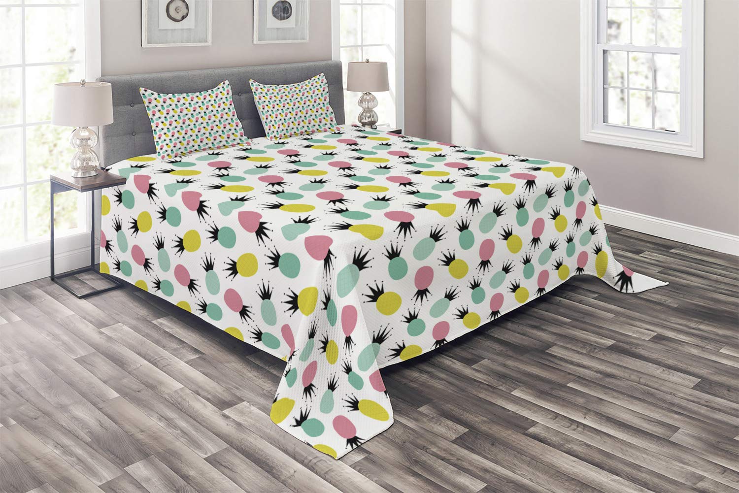 Ambesonne Hawaii King Size 3-Piece Quilted Bedspread Set with 2 Pillow Shams - Colorful Pineapple & Abstract Rhombus Fruit Pattern, Multicolor Tropical Decor | Perfect for Beach House, Summer Bedroom & Hawaiian-Themed Home Decor