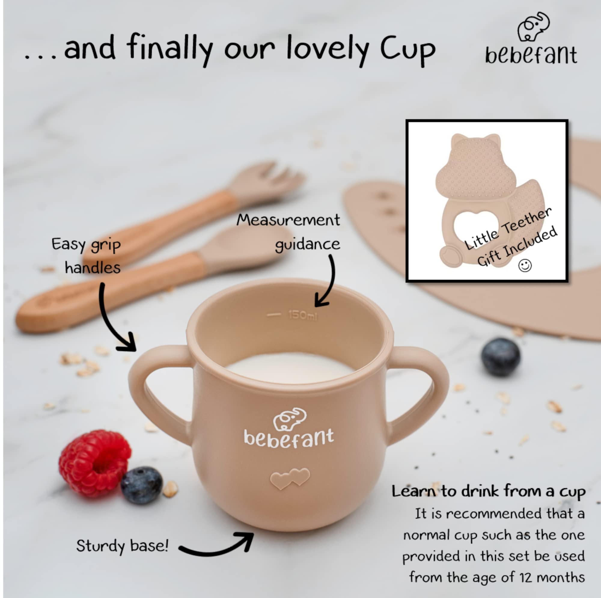 Bebefant™ Baby Weaning Set - Suction Bowl, Plate, Cup & Adjustable Bib with Pocket | Bamboo Fork & Spoon for Baby-Led Weaning | Neutral Light Brown Feeding Essentials | Perfect for Home, Travel & Daycare Use