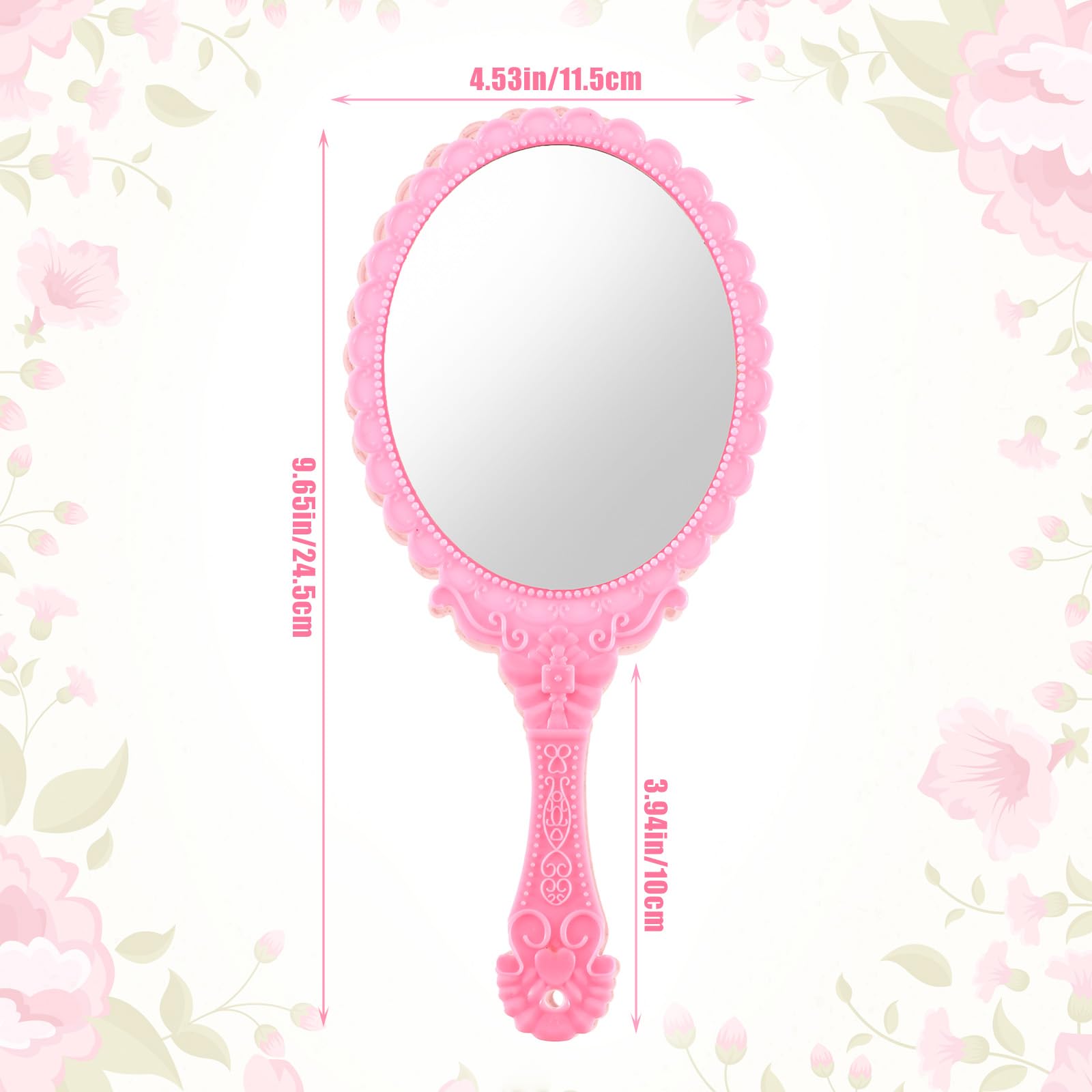 Pink Hand Mirror for Women & Girls - Compact Travel Mirror with Handle, Lightweight Oval Embossed Vanity Mirror | Perfect for Makeup, Purse, Travel & Home Decor