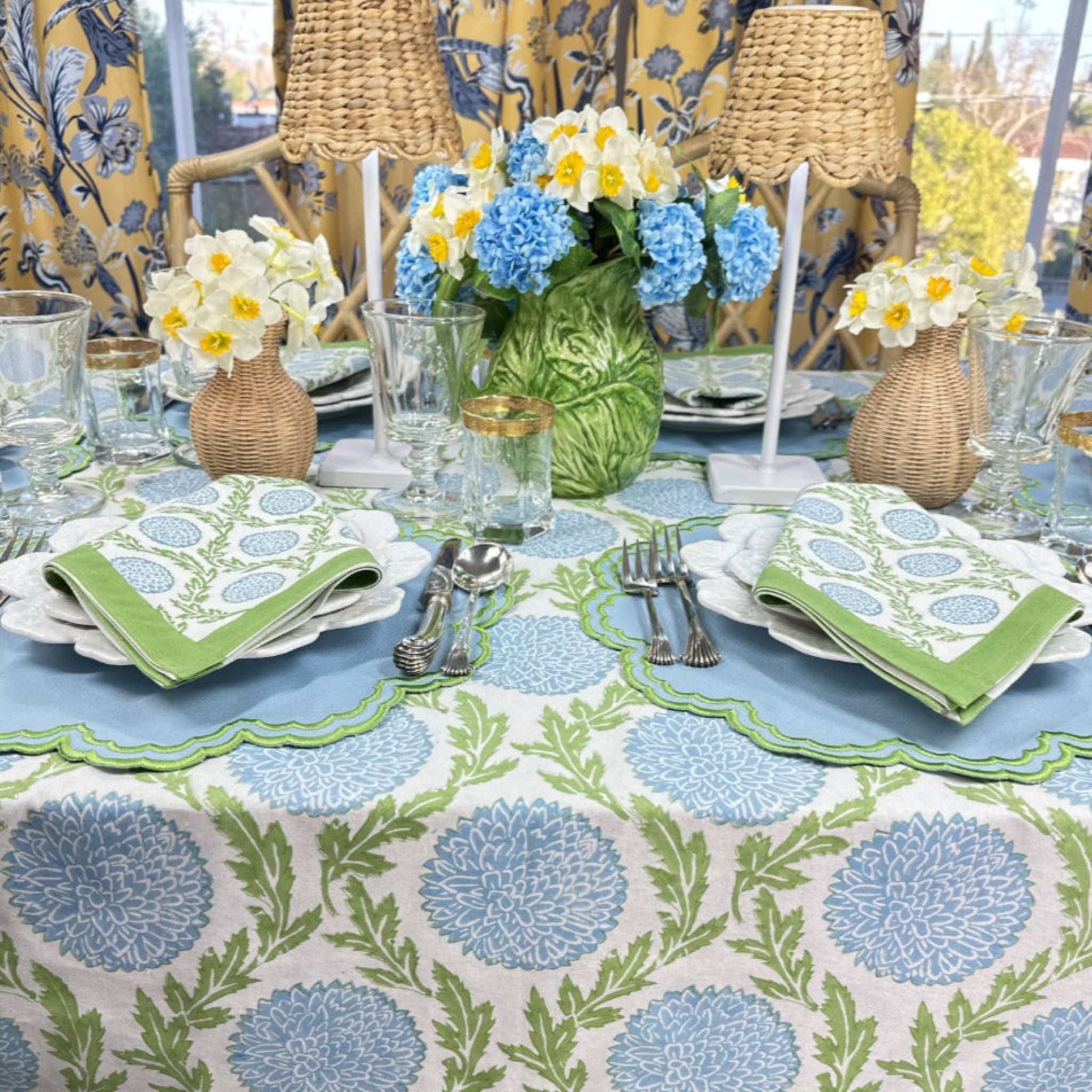 Elegant Blue and Green Floral Vine Tablecloth - Waterproof Washable Rectangular Table Cover for Dining, Kitchen, Party, and Outdoor Picnic Use