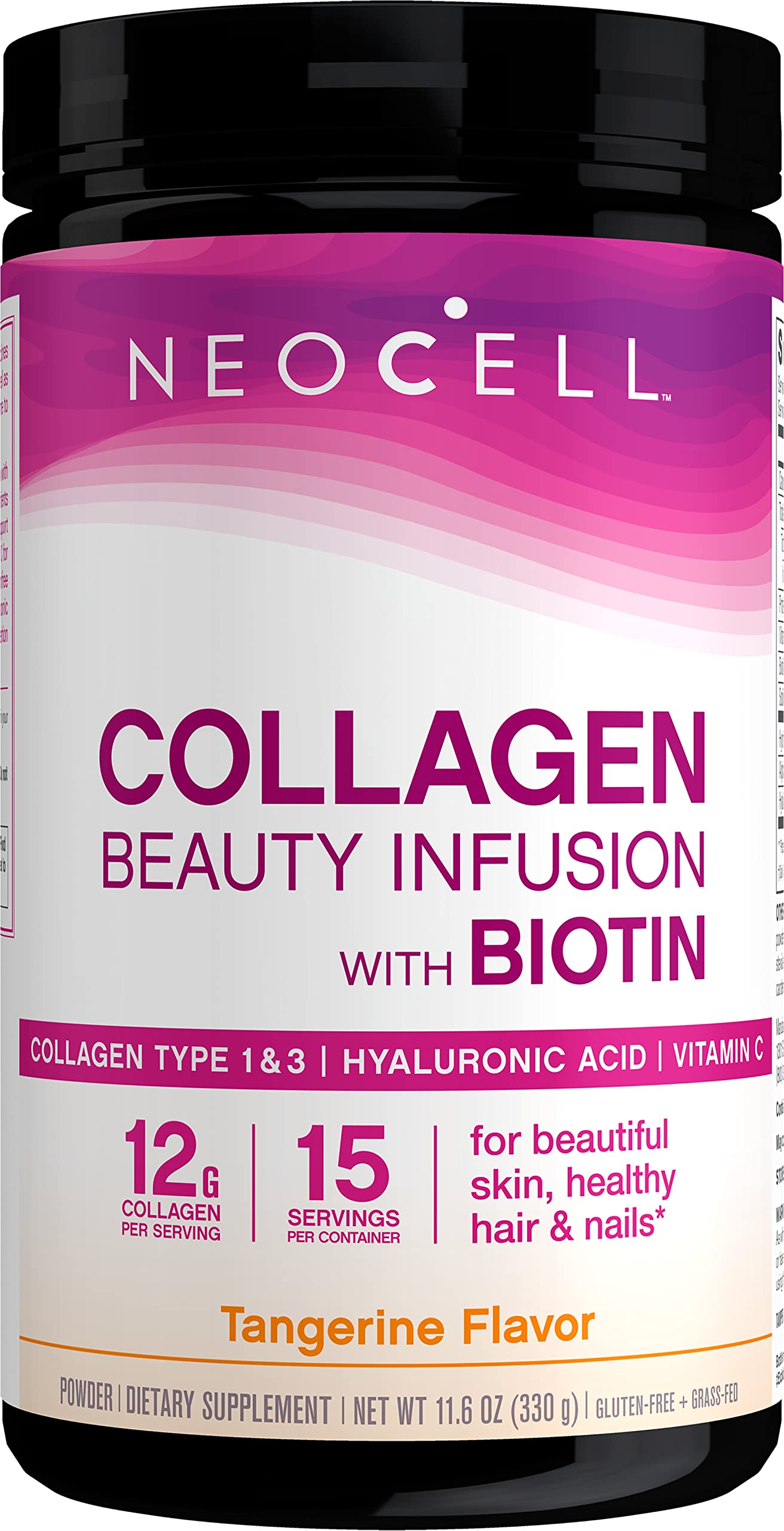 NeoCell Collagen Powder with Biotin, Vitamin C & Hyaluronic Acid - Type 1 & 3 Collagen Supplement for Skin, Hair & Nail Health - Gluten Free Tangerine Flavor (11.64 Oz) - Perfect for Daily Beauty Routine & Anti-Aging Support