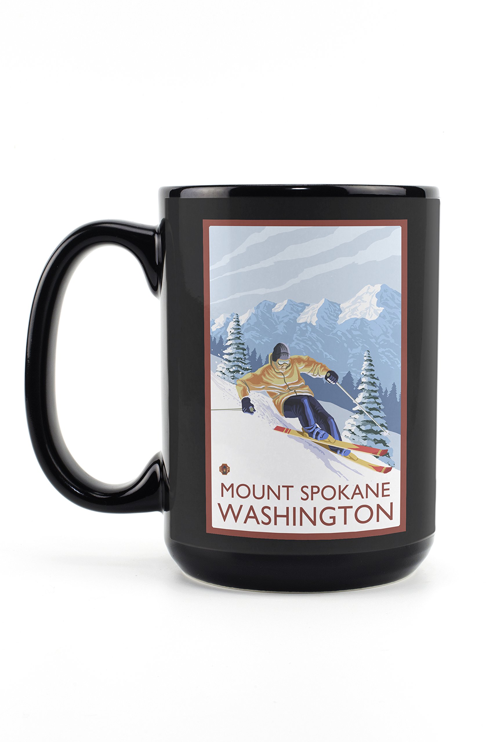 Lantern Press Mount Spokane Washington Downhill Snow Skier 15oz Black Ceramic Coffee Mug - Microwave & Dishwasher Safe - Perfect for Hot Beverages at Home, Office or Outdoor Adventures