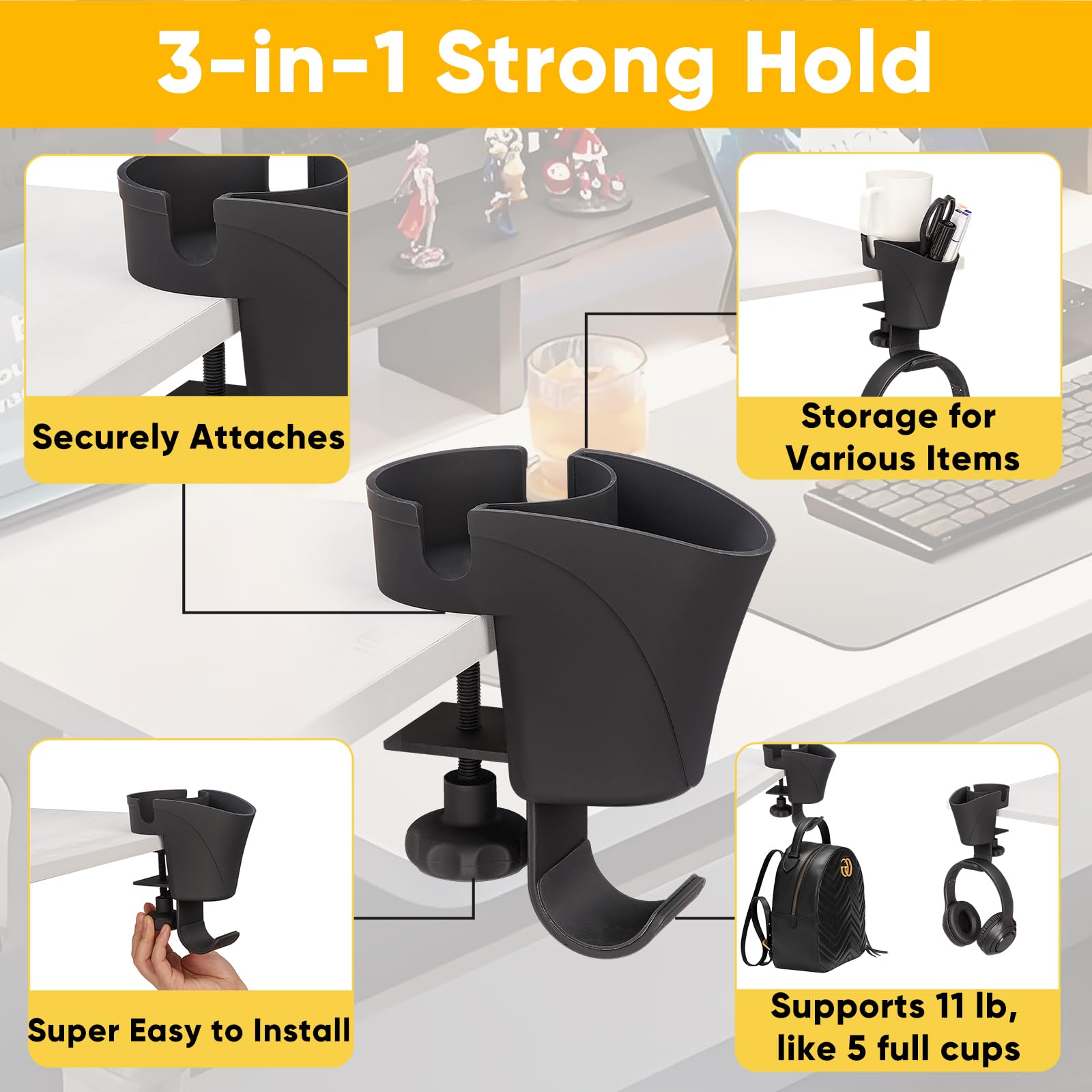 3 in 1 Clip On Cup Holder for Gaming Desk, Salon Chair & Bedside - ABS Plastic Black Organizer for Coffee, Water Bottles, Drinks, Headphones & Pens | Perfect for Gamers, Office & Home Use