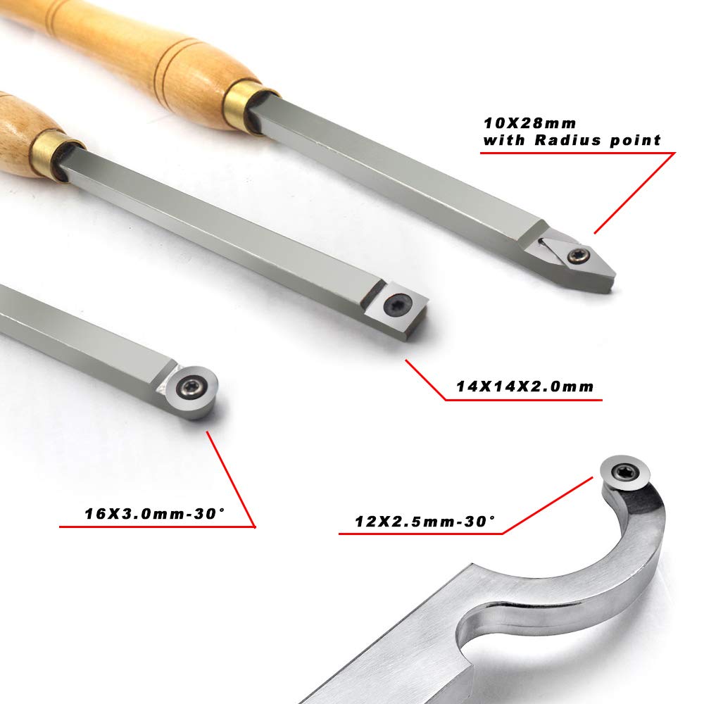 Premium Carbide Tipped Wood Turning Tools Lathe Set - Finisher, Rougher, Detailer & Swan Neck Hollower with Solid Wood Handle (Includes Diamond/Round/Square Carbide Inserts) - Perfect for Woodturning, DIY Projects & Professional Woodworking