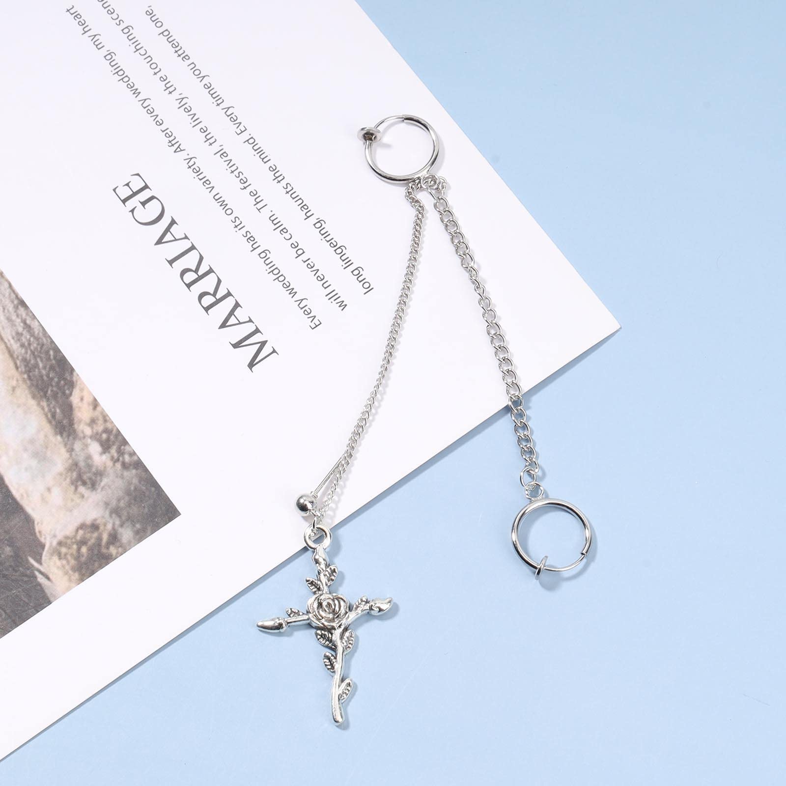Silver Cross Dangle Chain Earrings for Women - Long Crucifix Drop Earrings with Cuff Wrap Design | Religious Jewelry Gift for Church, Weddings & Everyday Wear