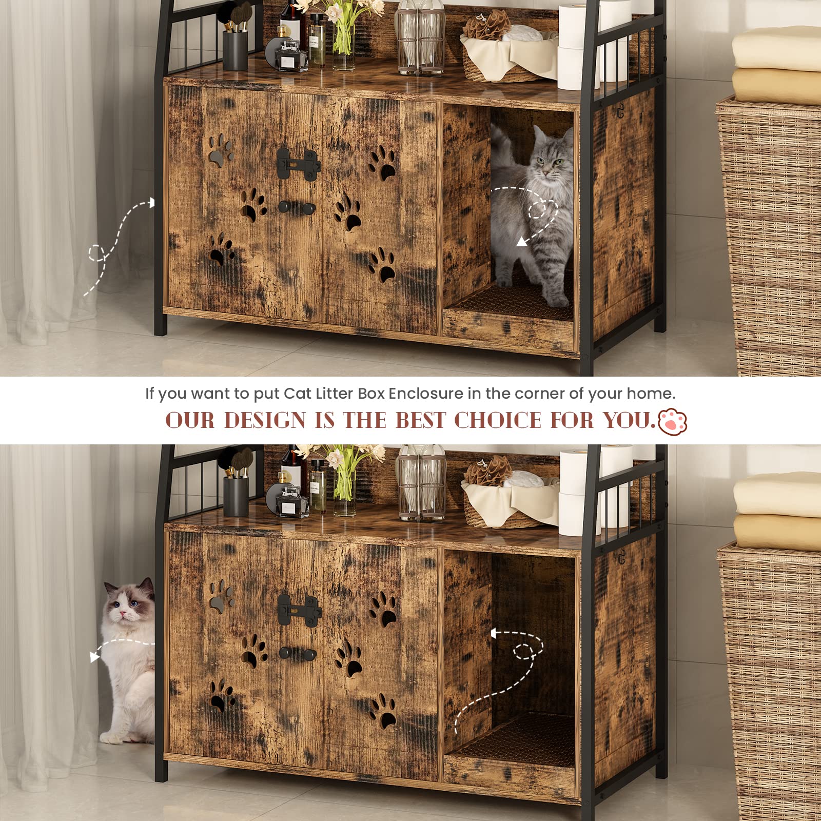 Large Cat Litter Box Enclosure with Storage Shelf - Hidden Cat Washroom Furniture - Wooden Cat House with Scratching Pad - Sturdy 2-Door Indoor Cat Cabinet in Rustic Brown - Perfect for Small Spaces & Multi-Cat Homes