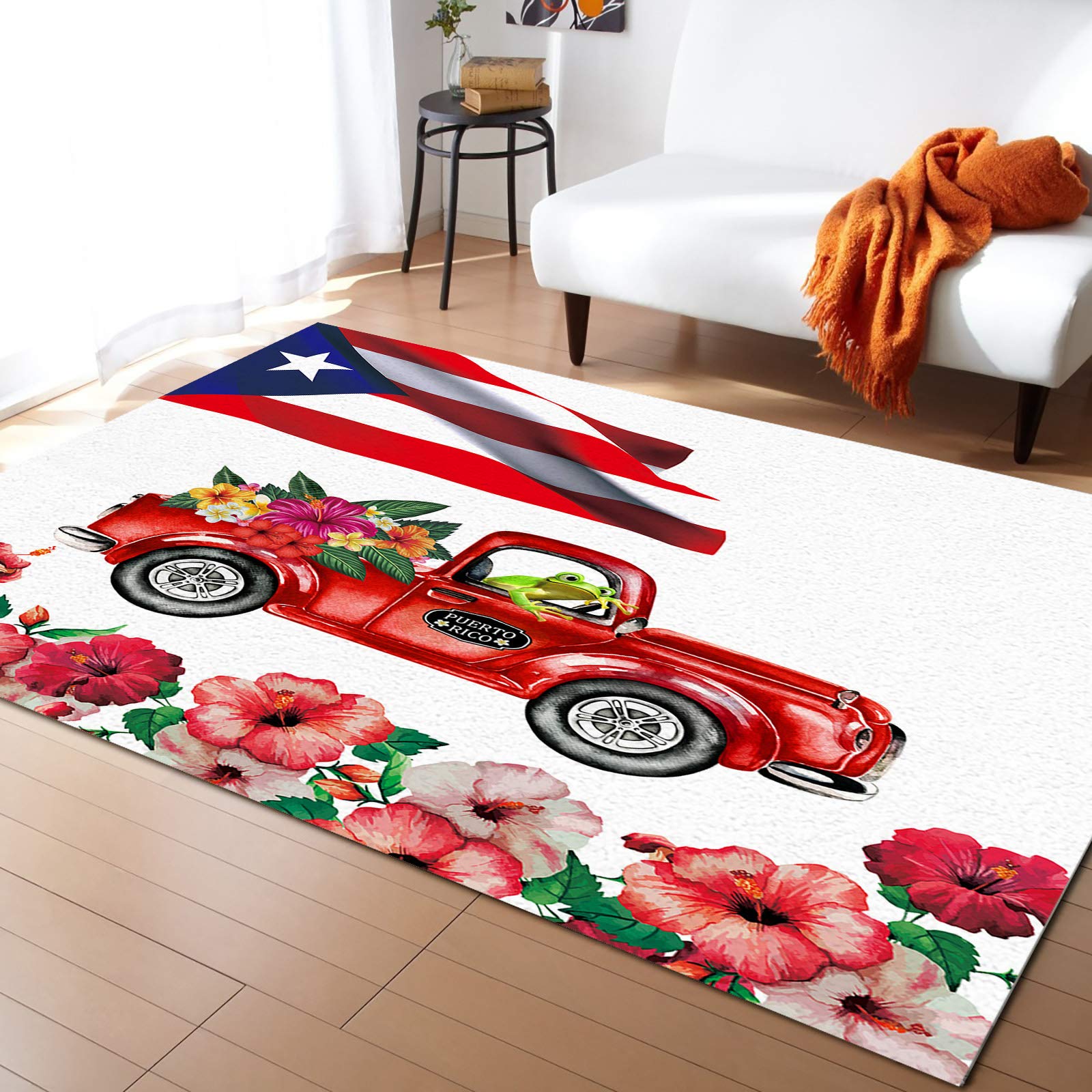 5'x8' Puerto Rico Truck Frog Star Stripe Flag Hibiscus Flower Area Rug - Washable Indoor Outdoor Carpet for Kitchen, Living Room, Bathroom, Bedroom, Classroom & Laundry Room - Perfect as Doormat, Desk Mat or Decorative Runner