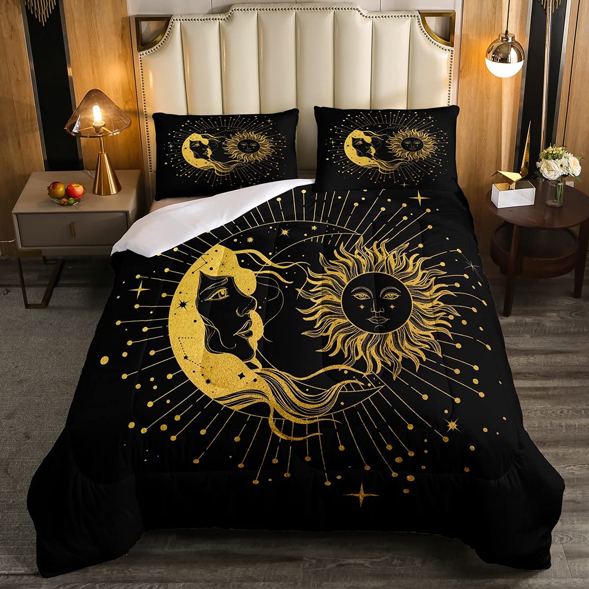 Erosebridal Bohemian Comforter Set Queen Size - Sun Moon Star Duvet Cover & Insert, Golden Boho Starry Sky Bedding for Teens & Kids Bedroom (Boys & Girls), Stylish Down Alternative Comforter - Perfect for Dorm Rooms, Guest Beds & Boho Chic Decor