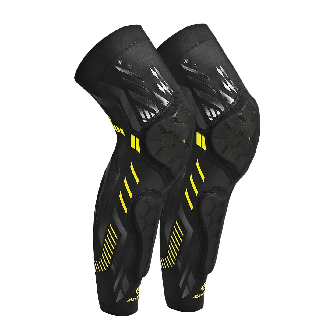 Kuangmi Knee & Shin Guard Sleeves for Soccer Basketball Wrestling Softball Volleyball - Breathable Sports Protective Gear with Daily Support (Black/Yellow, Large) - Perfect for Training, Games & Injury Prevention