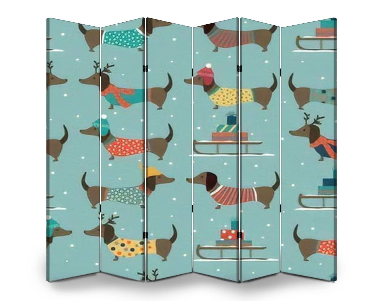 6-Panel Folding Room Divider Screen - Christmas Dachshund Dog Pattern with Hats & Clothes on Blue Background - Freestanding Privacy Partition for Indoor/Outdoor Use - Home Office, Nursery, Living Room, Event Space Separator