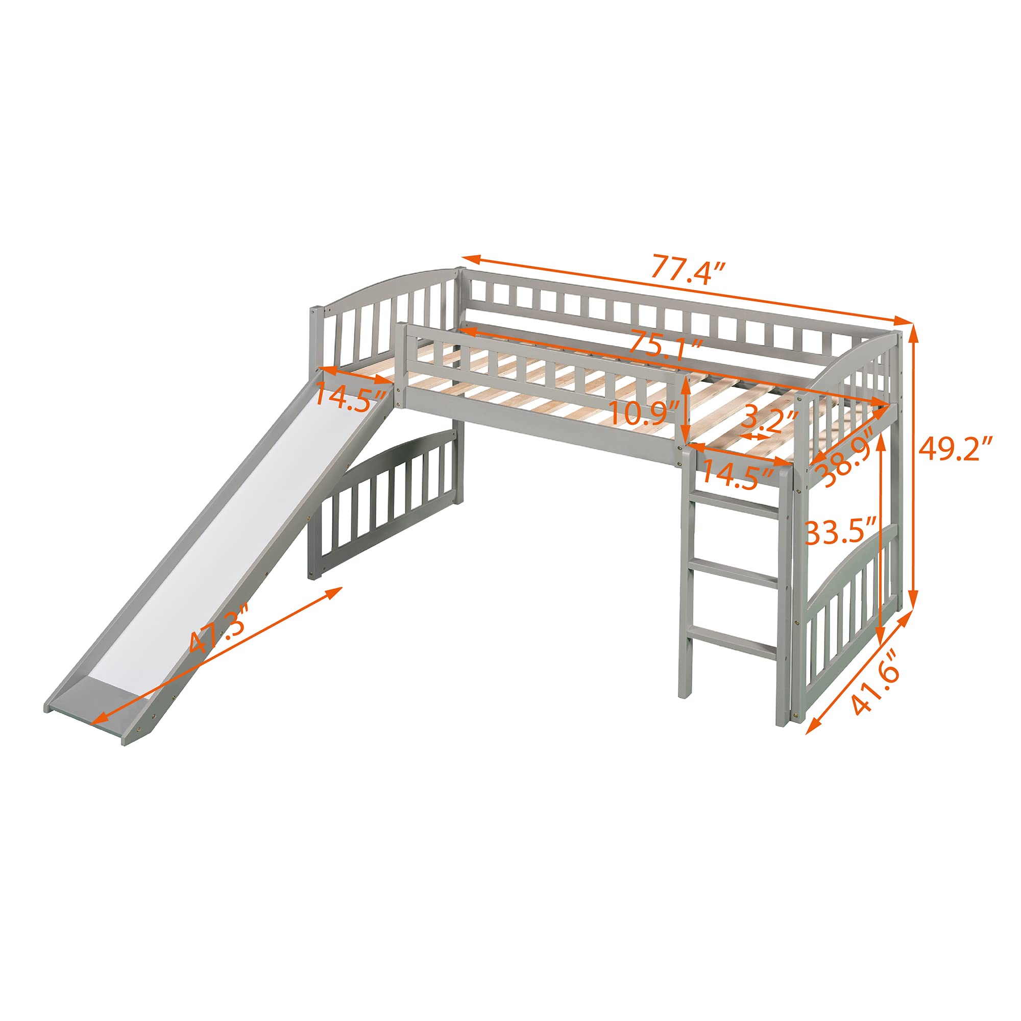 Bellemave Twin Loft Bed with Slide and Ladder - Low Height Wooden Bunk Bed for Kids, Boys & Girls - Space Saving Gray Children's Bedroom Furniture for Small Rooms & Play Areas