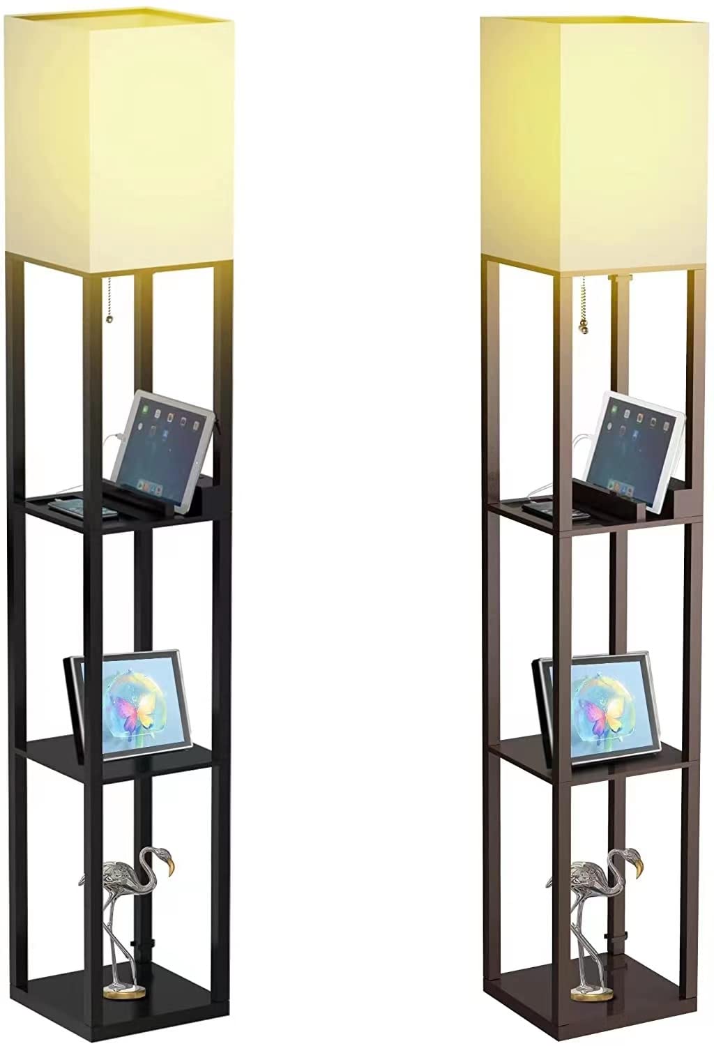 Modern Wooden Floor Lamp with 2 Shelves - Solid Wood Construction, 2 USB Ports & Power Outlet - Adjustable Reading Light for Bedroom, Living Room, Office (Black/Bronze) - Perfect for Night Reading & Home Decor