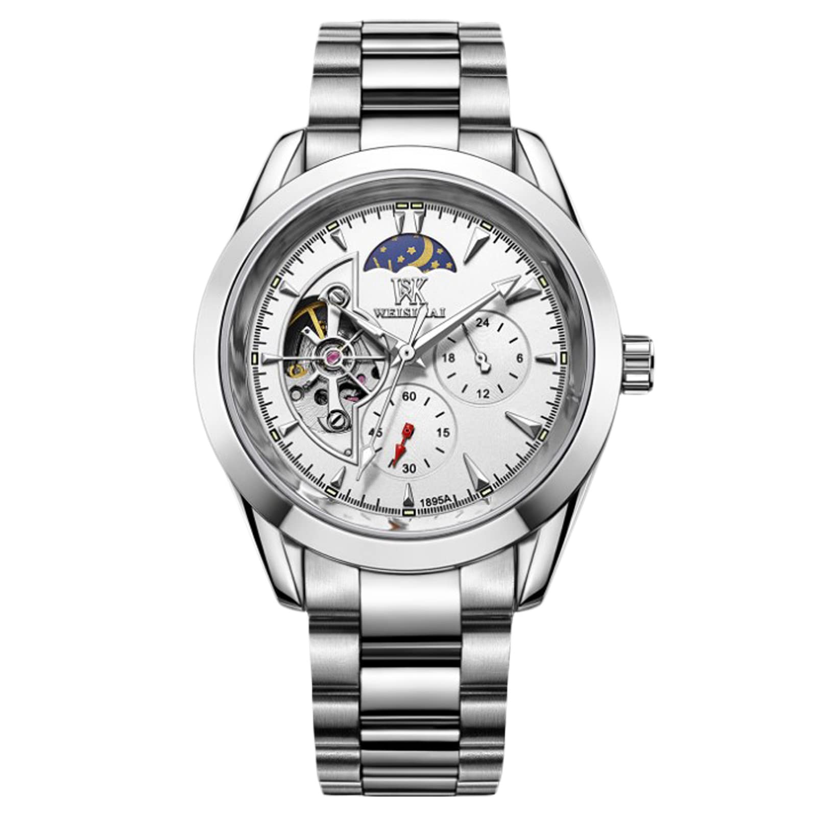 RORIOS Men's Automatic Mechanical Watch with Luminous Hands & Moon Phase - Stainless Steel Strap Dress Watch for Business, Formal Occasions & Everyday Wear