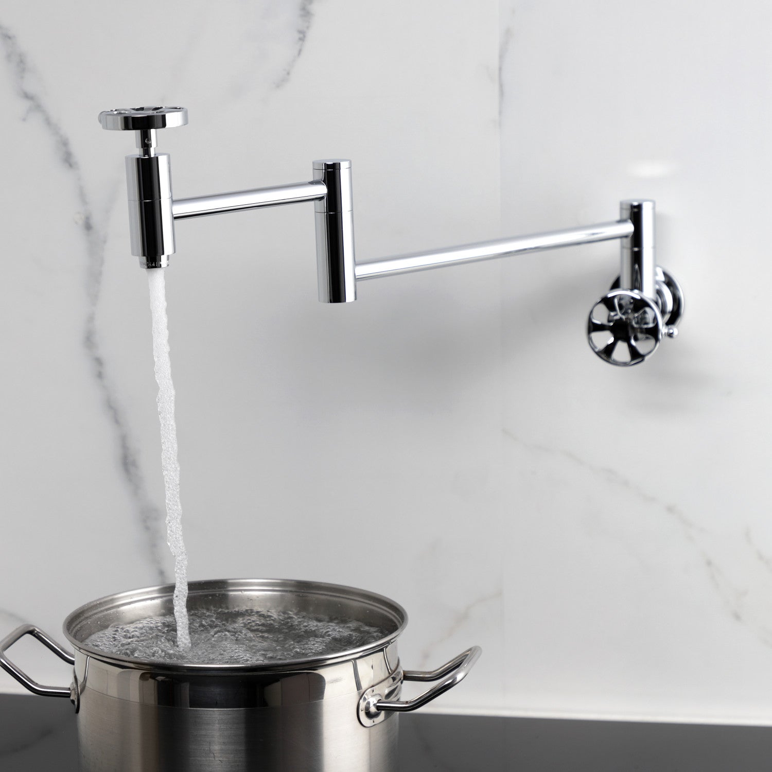 Belknap KS8101RX Two Handle Wall Mount Pot Filler Faucet - Polished Chrome Finish - Ideal for Kitchen, Cooking, and Filling Large Pots with Ease