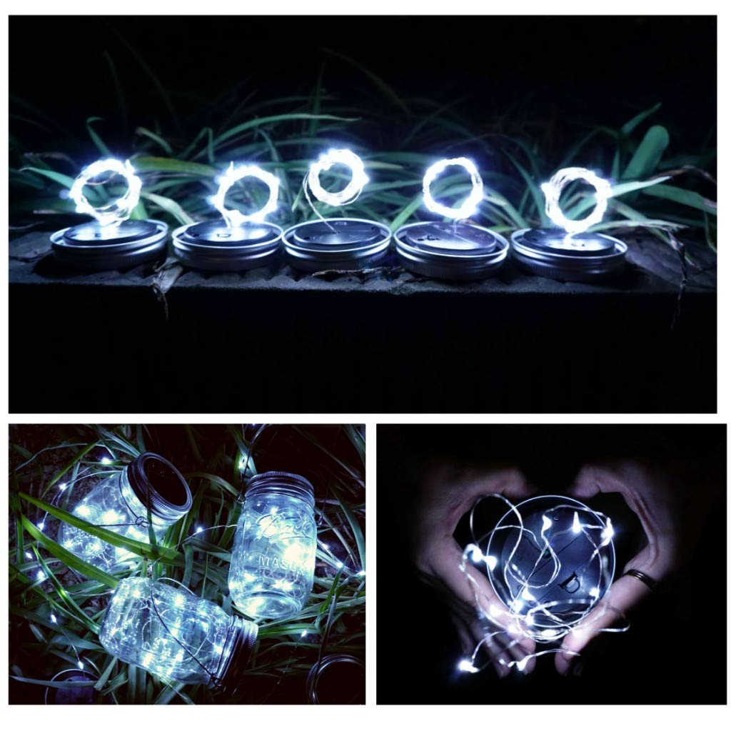 SmilingTown Solar Mason Jar String Light Lids - 12 Pack with 30 LED Fairy Firefly Lights, 12 Hangers & Waterproof Design for Outdoor Garden, Patio, Lawn & Tree Decor (Cool White) | Perfect for Weddings, Parties & Backyard Ambiance