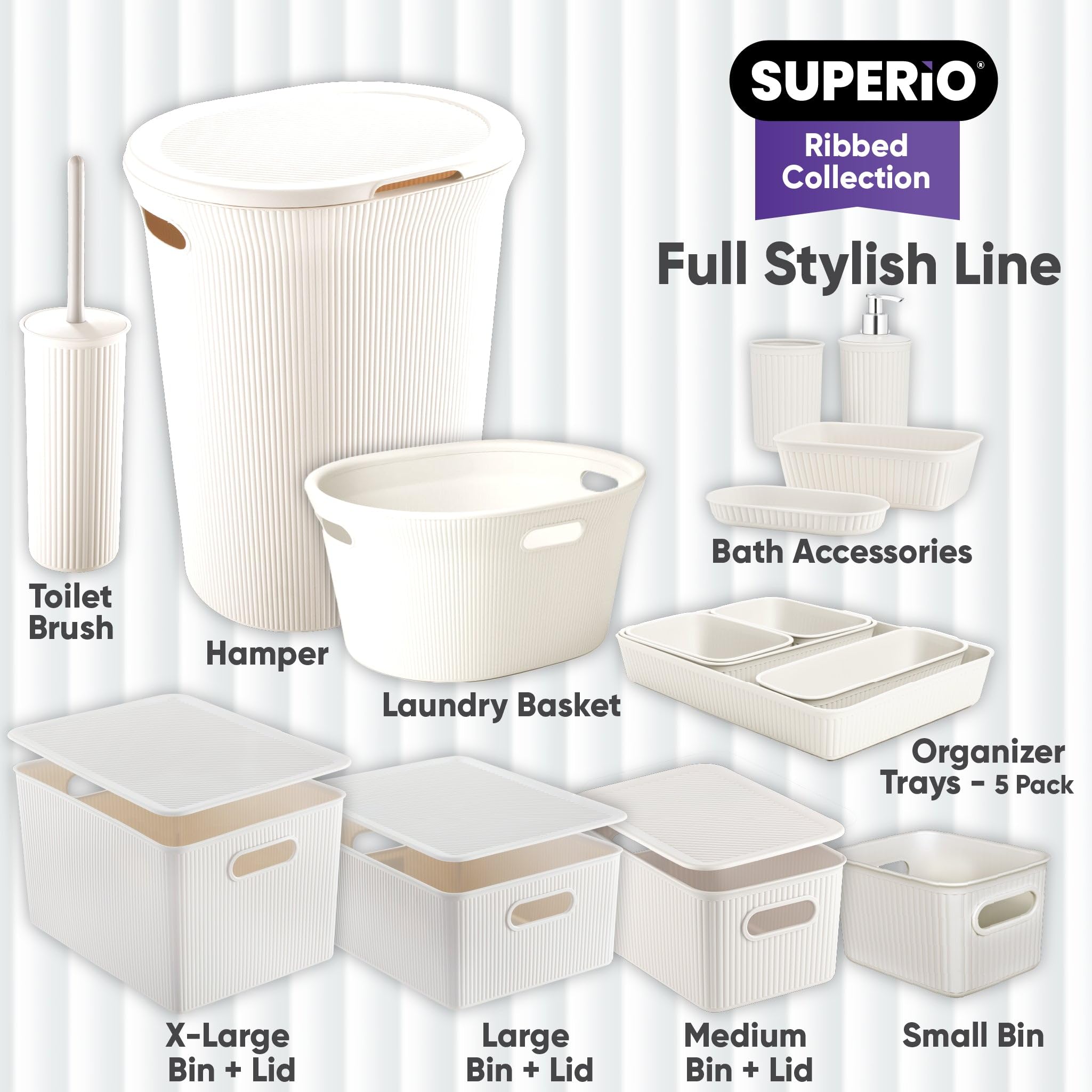 Superio Ribbed Collection - 4-Piece White Smoke Plastic Bathroom Accessories Set with Soap Dish, Liquid Dispenser, Toothbrush Holder & Vanity Tray - Modern Bathroom Decor for Home, Apartment or Guest Bathroom Organization