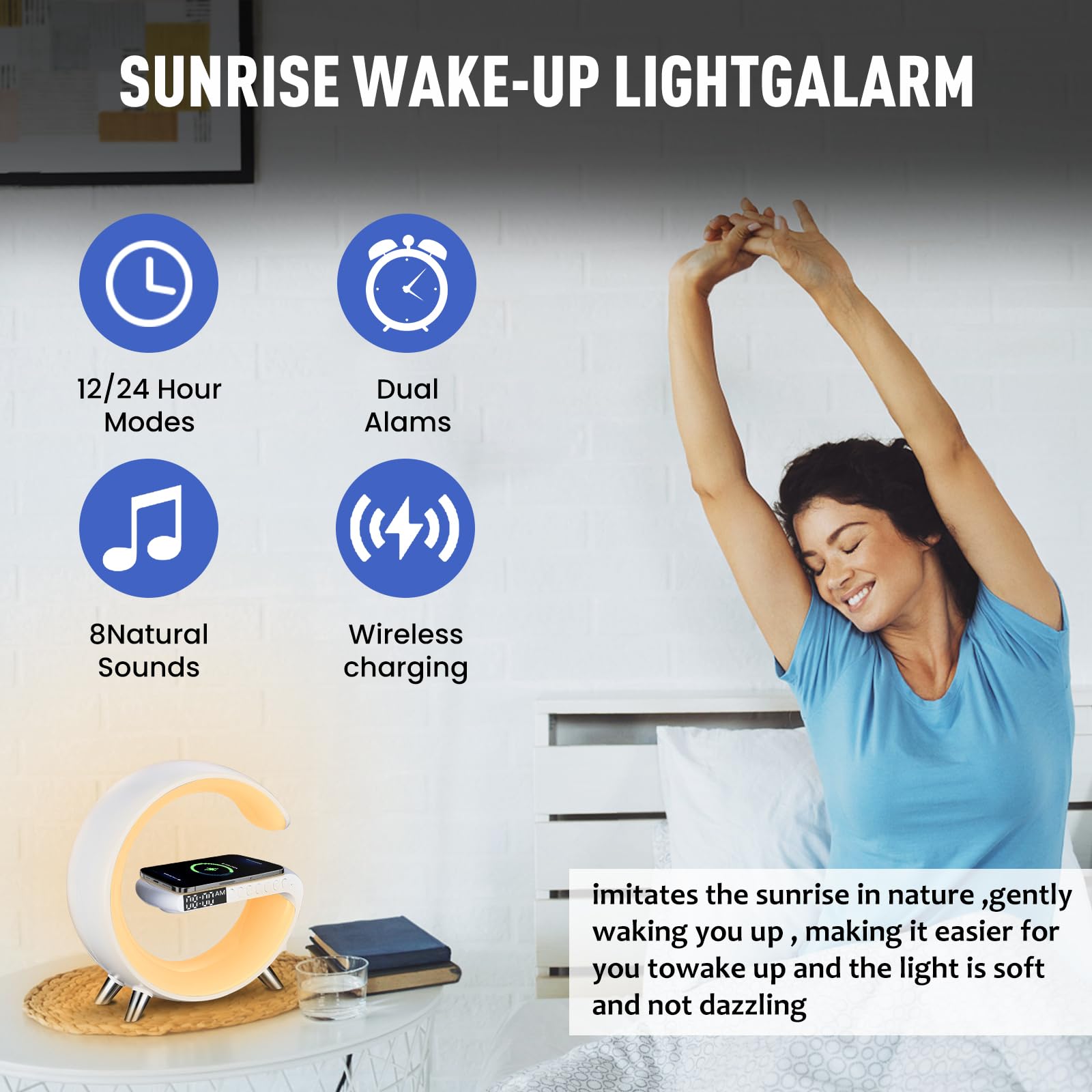 Smart LED Table Lamp with Wireless Charger, Night Light, Alarm Clock & Bluetooth Speaker - 4-in-1 Multifunctional Bedside Lamp with App Control for Bedroom, Office & Home Decor (White) - Perfect for Night Reading, Phone Charging & Relaxing Music