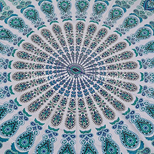 Bohemian Round Mandala Throw Tablecloth - Green & Blue Peacock Eye Printed Picnic Rug, Yoga Mat & Wall Tapestry (72 Inches) - Perfect for Outdoor Picnics, Yoga Sessions & Boho Home Decor