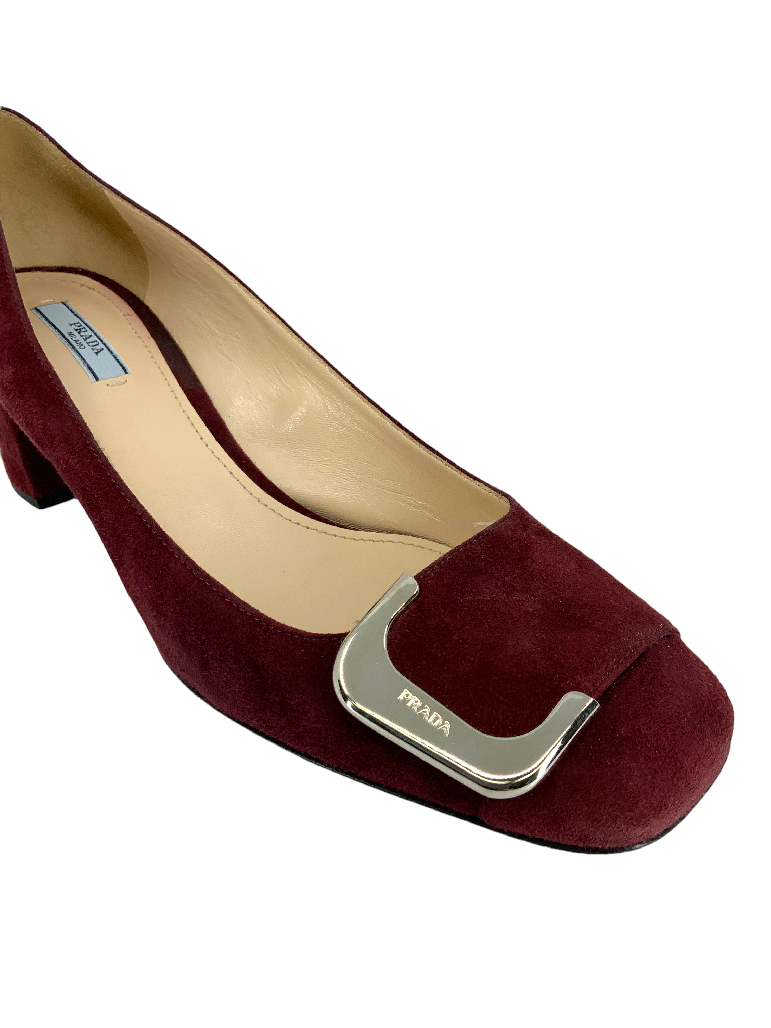 Prada Suede Logo Buckle Square Toe Pump Women's Heels Size 10 - Perfect for Office, Party & Formal Events