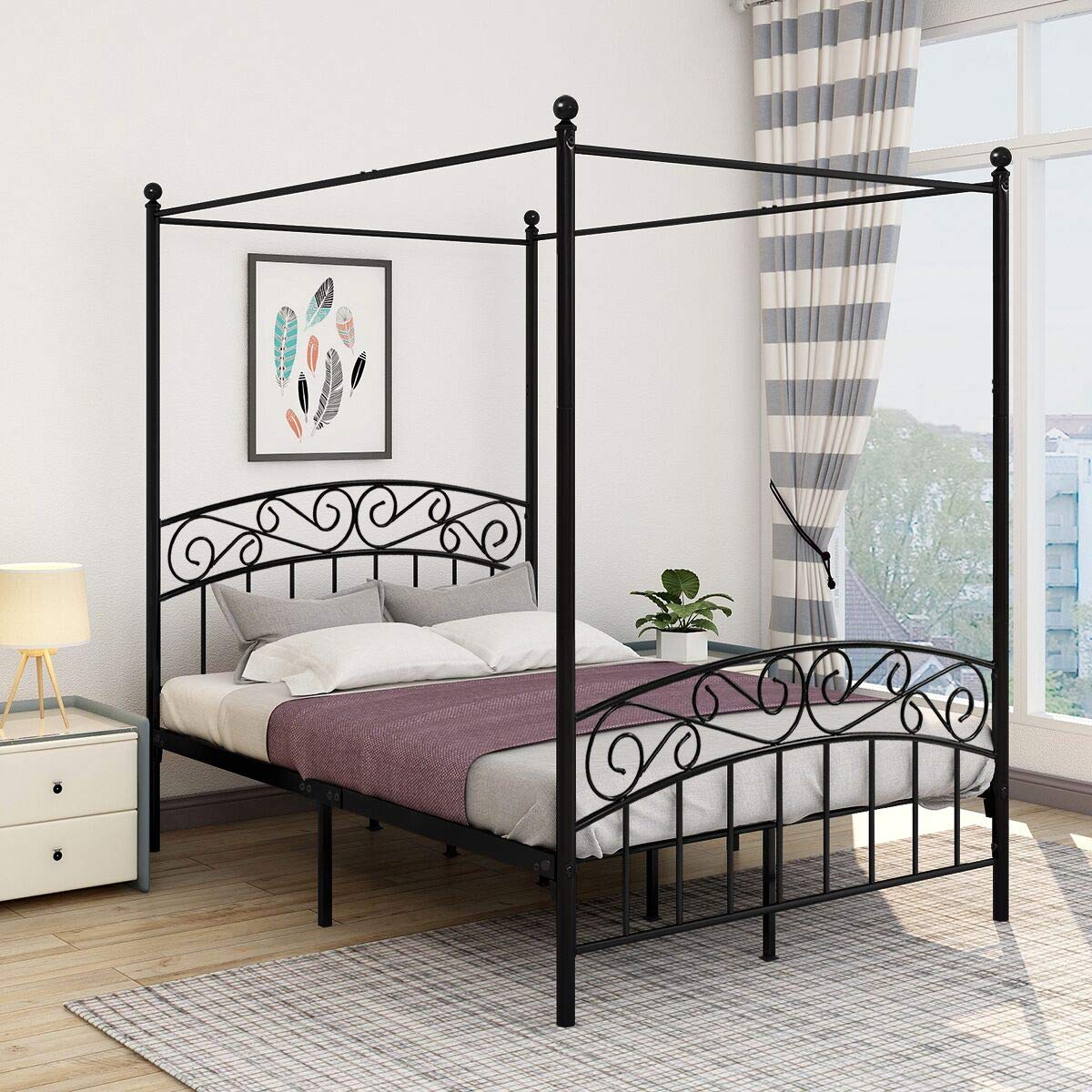 JURMERRY Full Size Metal Canopy Bed Frame with Ornate European Style Headboard & Footboard - Sturdy Steel Construction, Easy Assembly with All Parts Included (Full Black) - Perfect for Master Bedrooms, Guest Rooms & Luxury Bedroom Decor