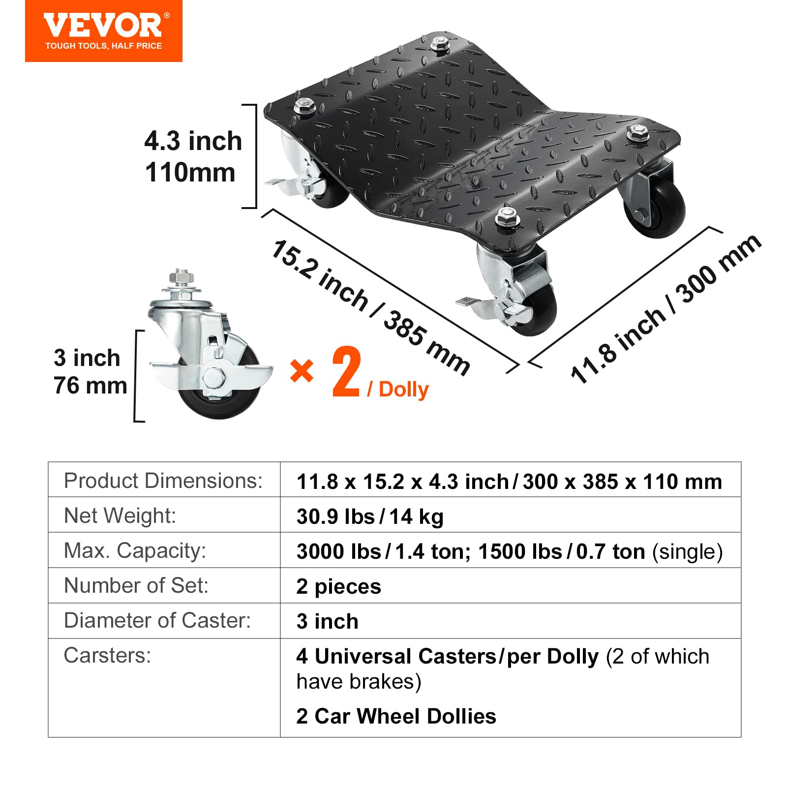 VEVOR 2-Piece Heavy-Duty Wheel Dolly Set - 3000 lbs Capacity Car Moving Dolly for Cars, Trucks, Trailers, Motorcycles & Boats - Perfect for Garage Repairs, Vehicle Storage & Auto Shop Maintenance