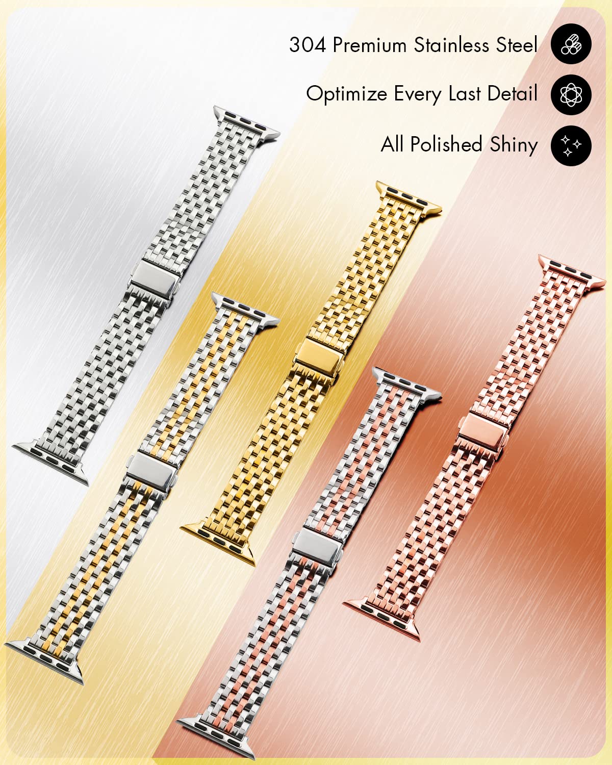 Premium Stainless Steel Apple Watch Band for 38mm 40mm 41mm 42mm 44mm 45mm - Compatible with Series 9/8/7/6/5/4/3/2/1 SE/SE2 - Shiny Metal Watch Strap for Women & Men - Perfect for Workouts, Office & Everyday Wear
