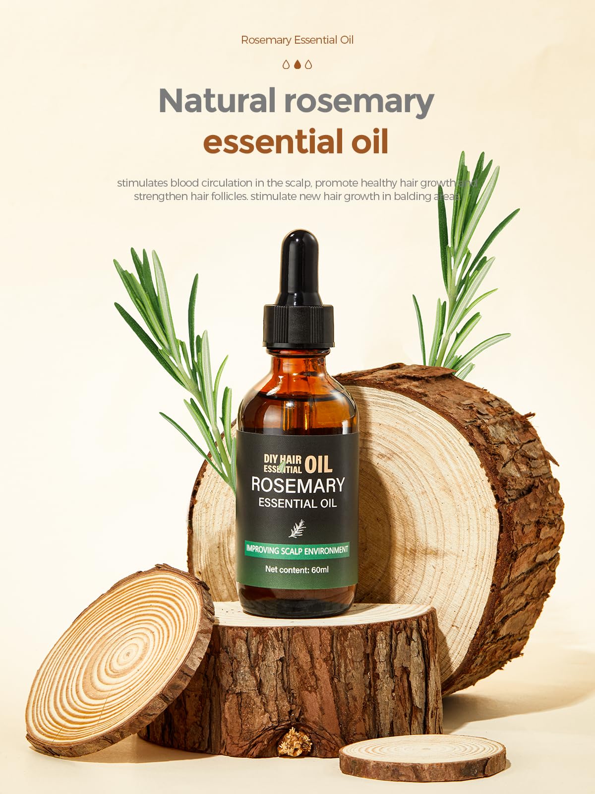 Organic Rosemary Essential Oil for Hair Growth & Scalp Care - 100% Pure Natural Hair Oil for Thicker, Stronger Hair - Nourishing Serum for Diffusers, Massage & Dry Scalp Treatment (2 Fl Oz with Glass Dropper) - Perfect for Daily Hair Routine & Aromatherapy Sessions
