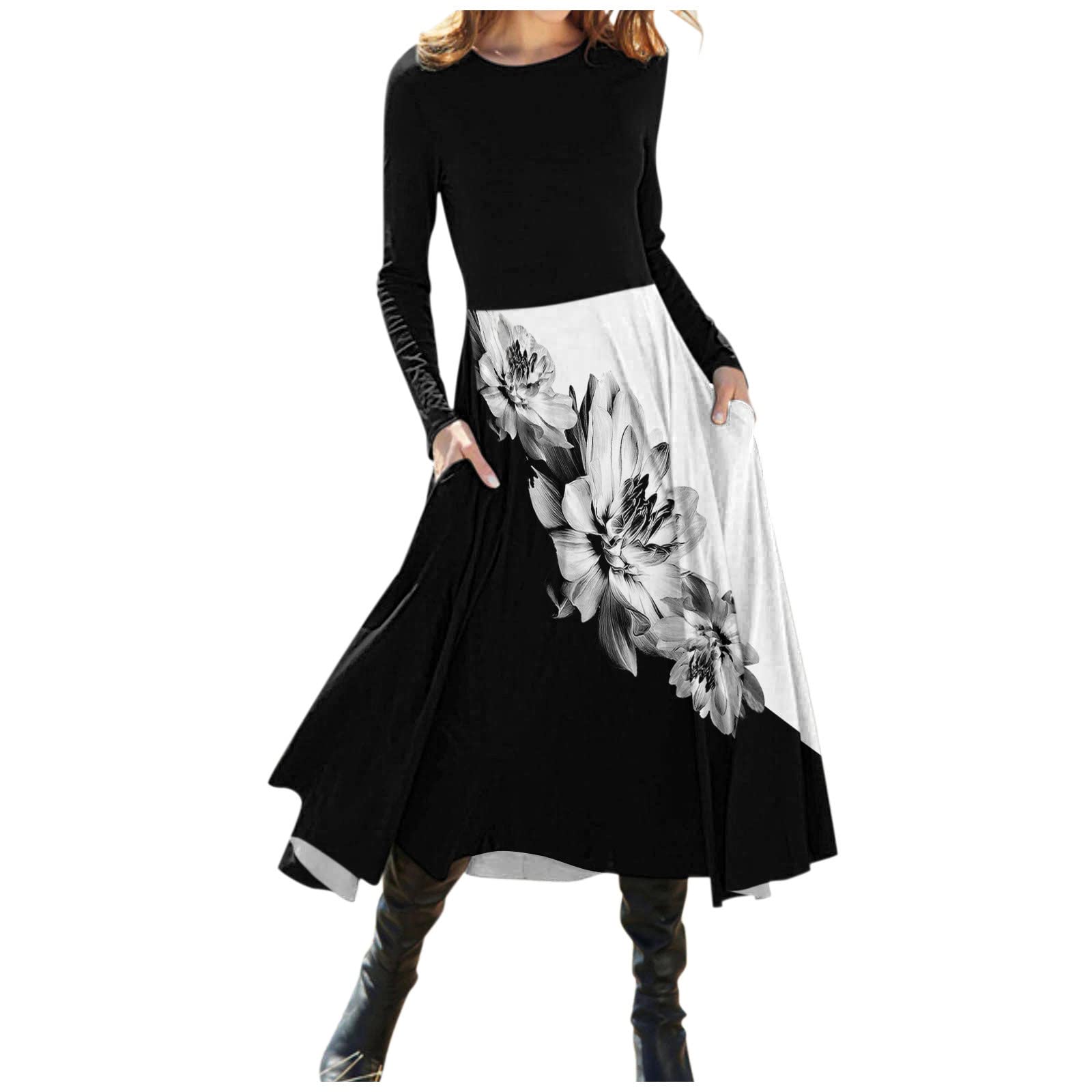 Usuming Women's Floral Patchwork Midi Dress - Long Sleeve Crewneck Swing Dress for Casual Wear, Office & Date Night | Flowy Comfort Fit