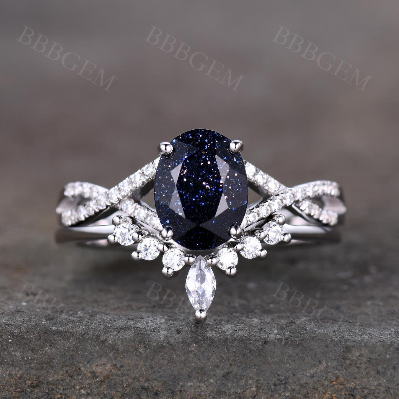 White Gold Blue Sandstone Bridal Ring Set - 6x8mm Oval Cut Infinity Moissanite Band for Women | Perfect for Engagement, Wedding & Anniversary Gifts
