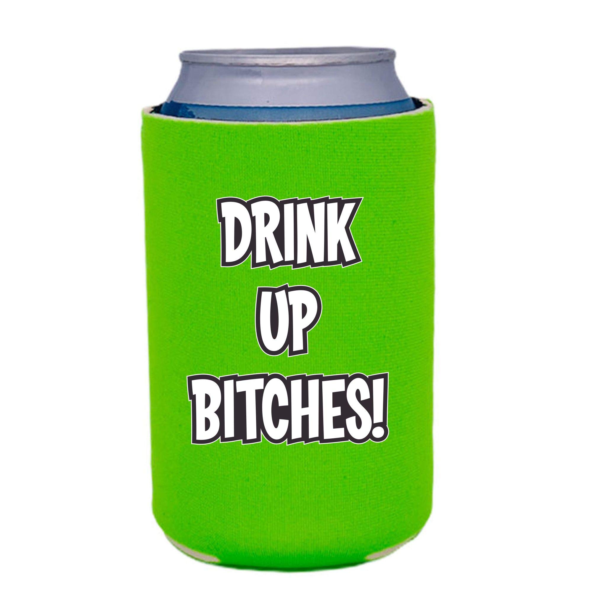 Drink up Bitches Collapsible Can Coolie (Bright Green) - Portable Beer Can Holder for Camping, Beach, BBQ & Outdoor Parties