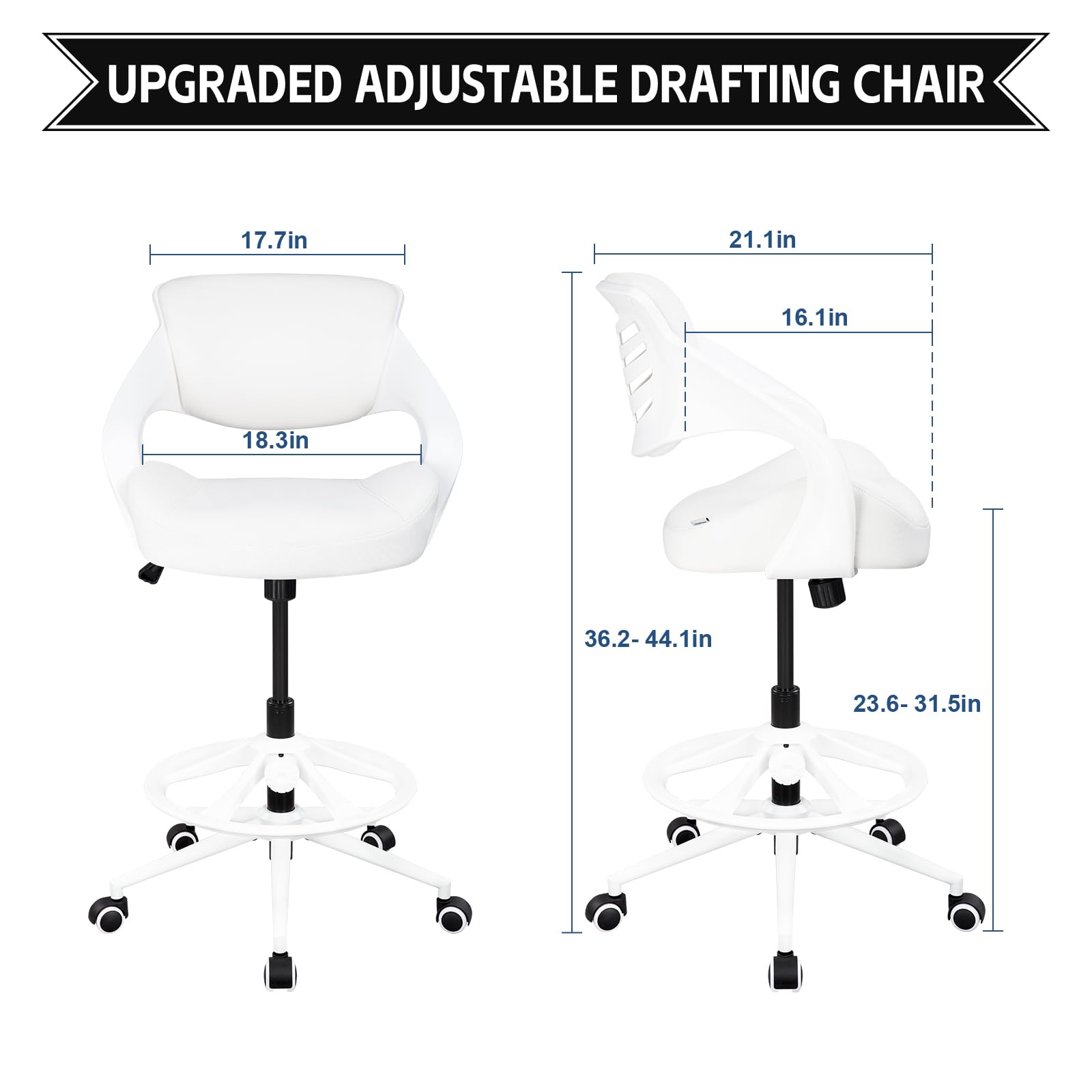 Ergonomic Drafting Chair with Lumbar Support & Foot Ring - Adjustable Swivel Task Chair for Standing Desk - White - Perfect for Office, Home Office & Studio Workspaces