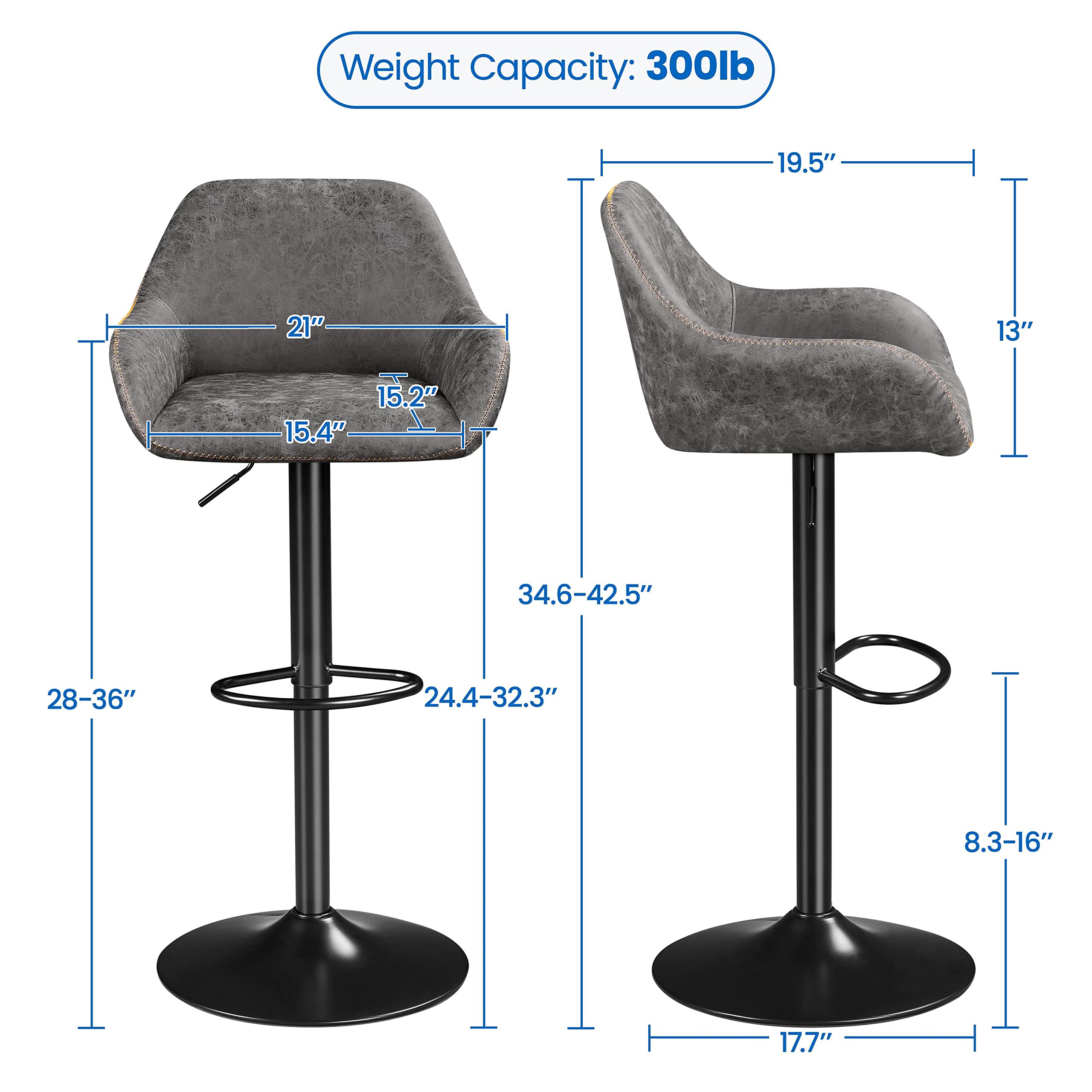 Yaheetech 4-Pack Adjustable PU Leather Swivel Bar Stools with Backrest & Footrest - Counter Height Kitchen Island Stools for Home, Dining Room, or Bar - Grey (Modern Comfort Seating for Entertaining & Relaxation)