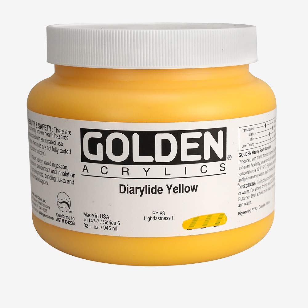 GOLDEN Heavy Body Acrylic Paint - Diarylide Yellow (32 fl oz Jar) | Professional Semi-Opaque Artist Paint for Canvas, Murals & Fine Art | Studio & Classroom Use