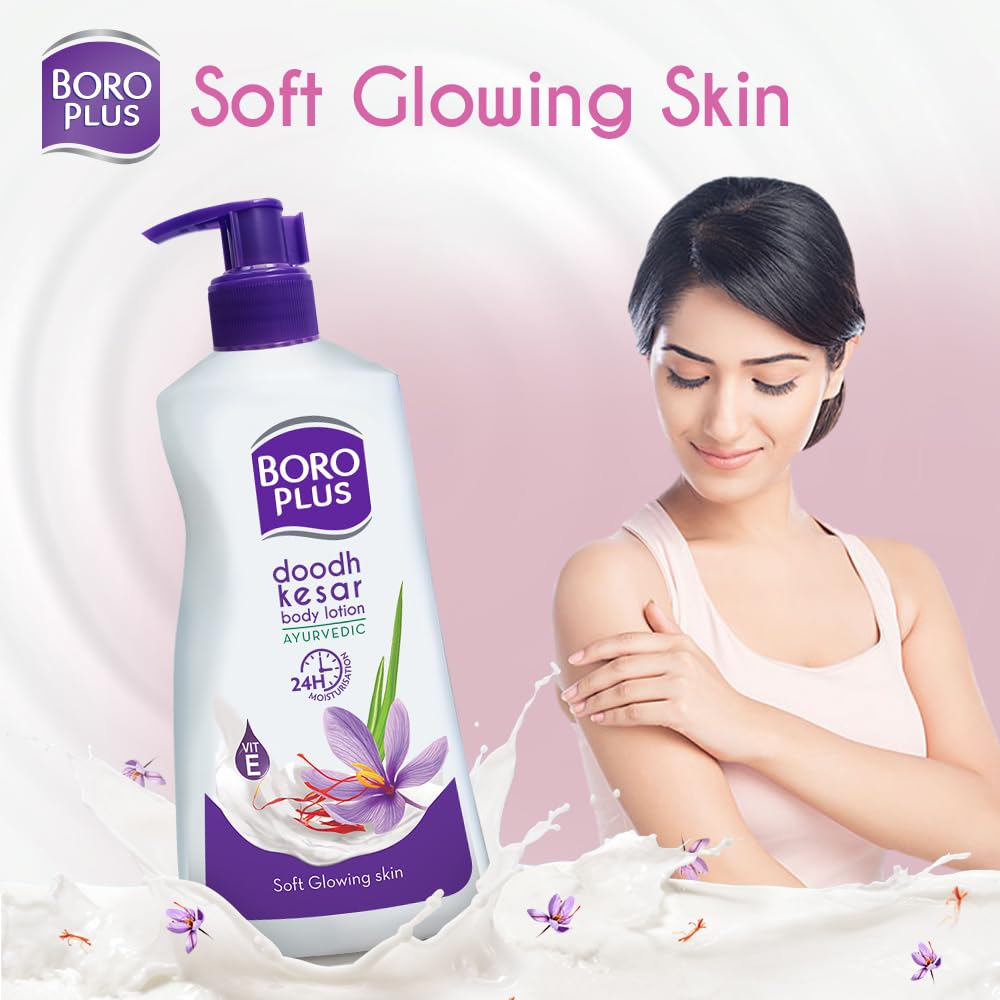 Boroplus Ayurvedic Body Lotion for Dry & Normal Skin - 24Hrs Moisturization with Vitamin E, Dhoodh, Badam & Kesar - 400ml | Perfect for Daily Hydration & Skin Nourishment