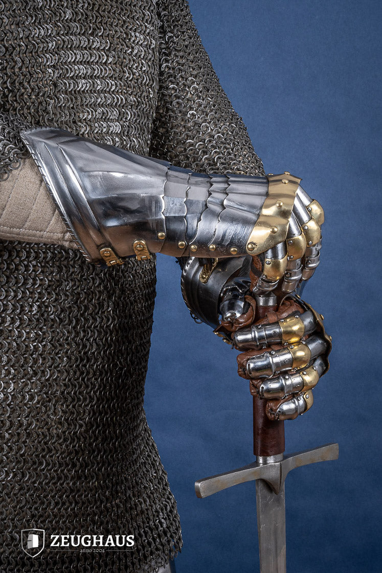 15th Century German Gauntlets - 1.2mm Steel Medieval Armor with Brass Accents for LARP, Cosplay, and Historical Reenactment