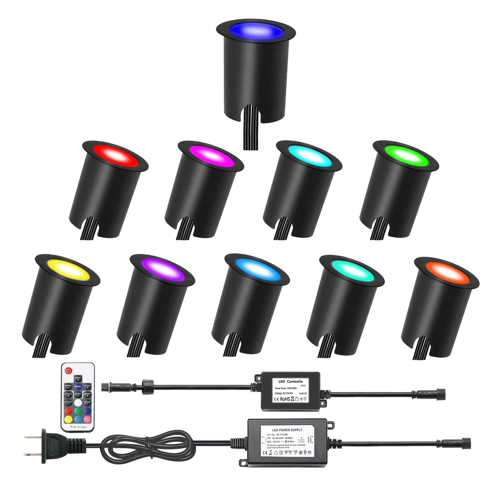 Low Voltage RGB LED Deck Light Kit - 0.1W-0.3W, 6Lm IP67 Waterproof Outdoor Lighting with Protective Shell (10pcs, Black Border) - Perfect for Garden, Yard, Patio, Stairs & Landscape Decoration