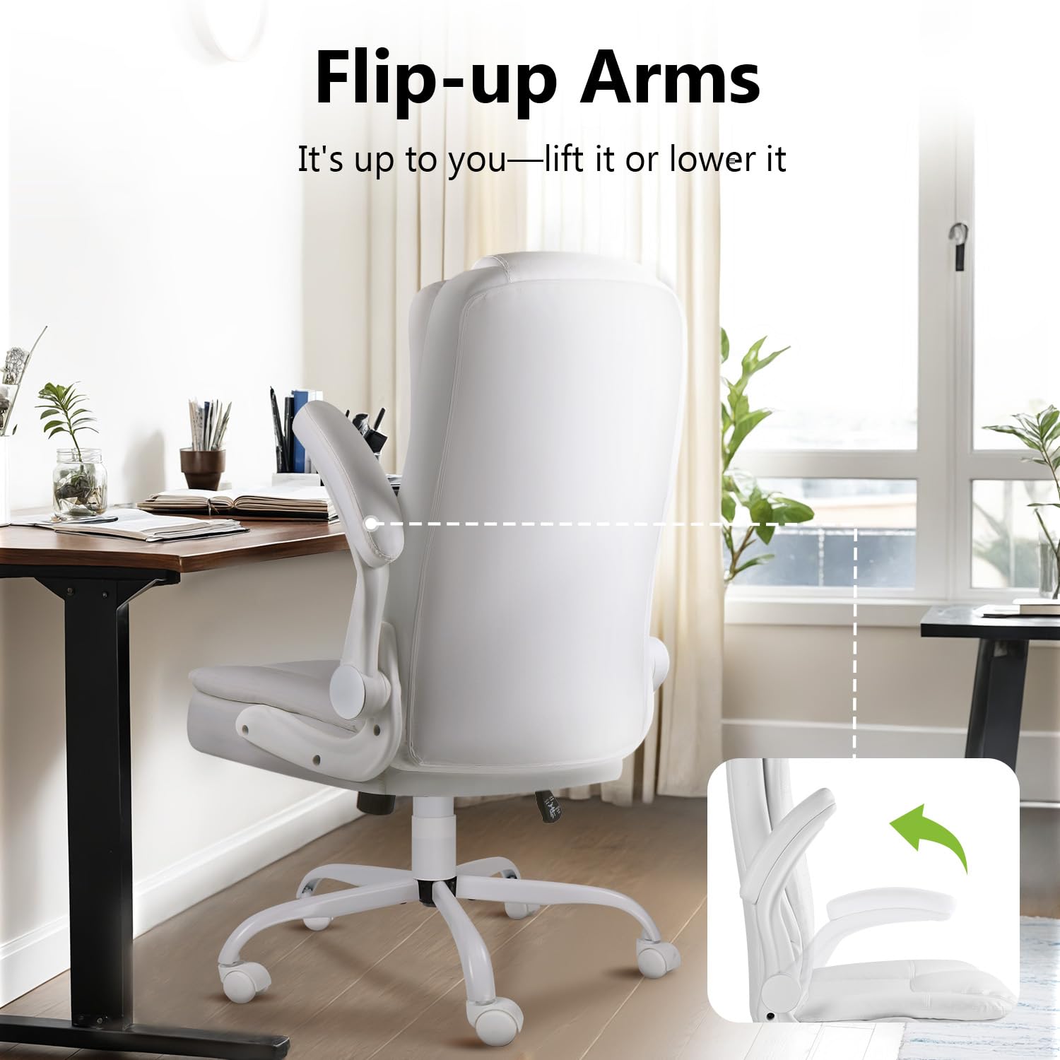 Premium White Leather Executive Office Chair - Ergonomic High Back Desk Chair with Adjustable Flip-up Armrests & Lumbar Support - Perfect for Home Office, Conference Rooms & Professional Workspaces