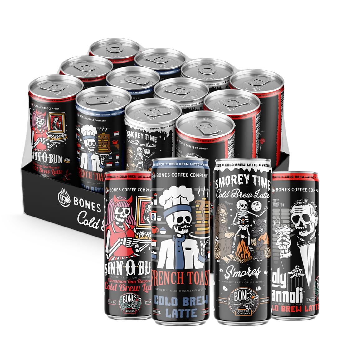 Bones Coffee Company Variety Pack - S'morey Time, Sinn 'O' Bun, Holy Cannoli & French Toast Flavored Latte (12 Pack, 11 Fl Oz Cans) | Delicious Canned Coffee Drinks for Office, Travel & On-the-Go