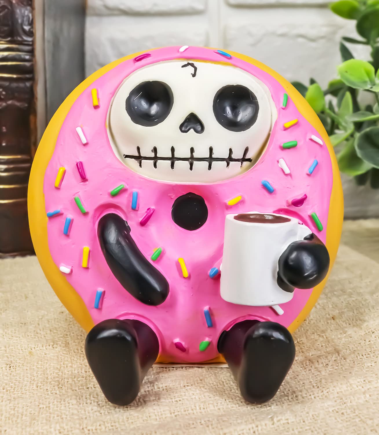 Ebros Gift Furrybones Donatsu Strawberry Sprinkles Donut Skeleton with Milk Figurine - Cute Skull & Bone Collectible for Halloween Decor, Gothic Home Decor, or Kawaii Desk Accessory